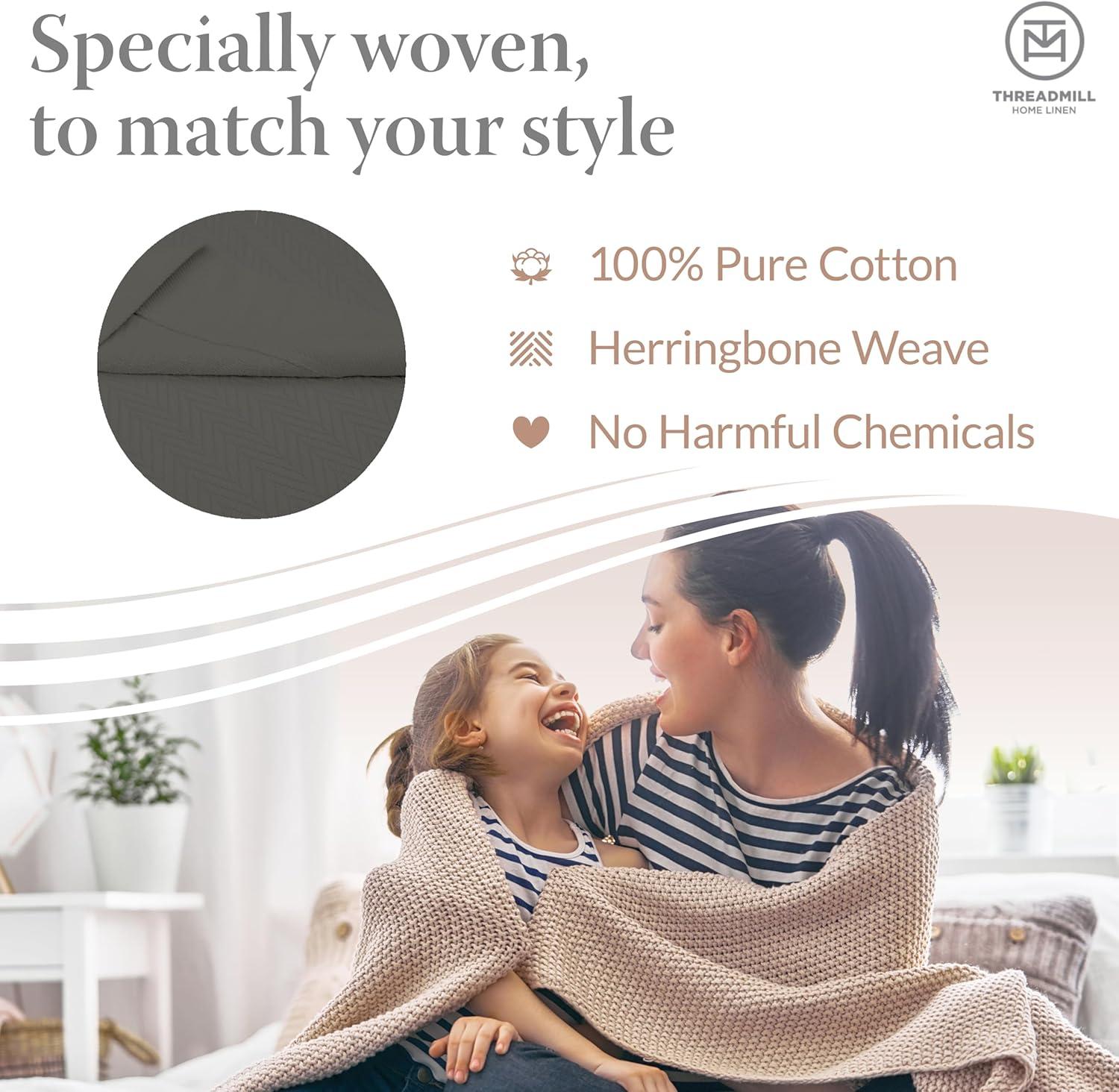 Threadmill Home Linen Cotton Thermal Blanket, Twin Size Bed, Herringbone, 350GSM, 68x92, Dark Grey
