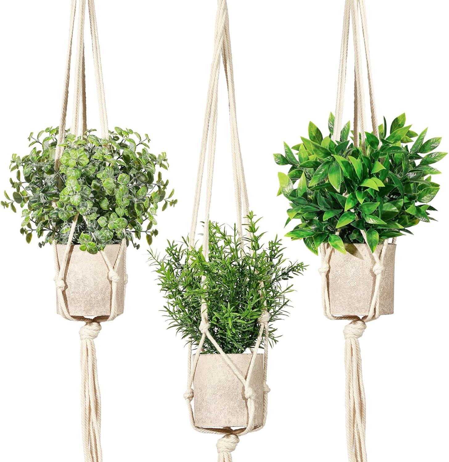 Set of 3 Green Artificial Plants with Macrame Hangers