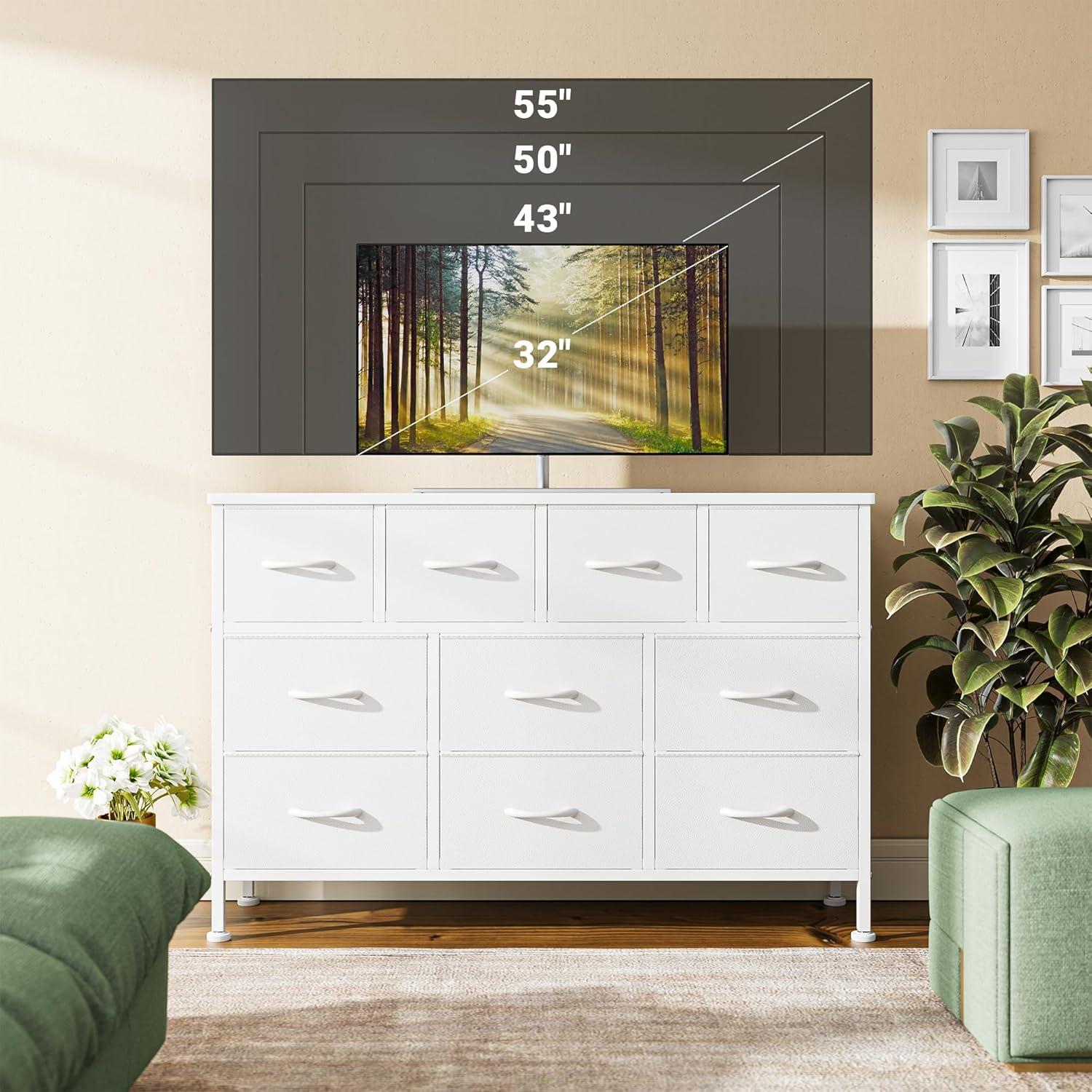 Lulive 10 Drawer White Dresser for Bedroom, Dresser TV Stand with Power Outlet, Entertainment Center Chest of Drawers for 55'' Long TV, Wide Fabric Dresser for Storage and Organization (White)
