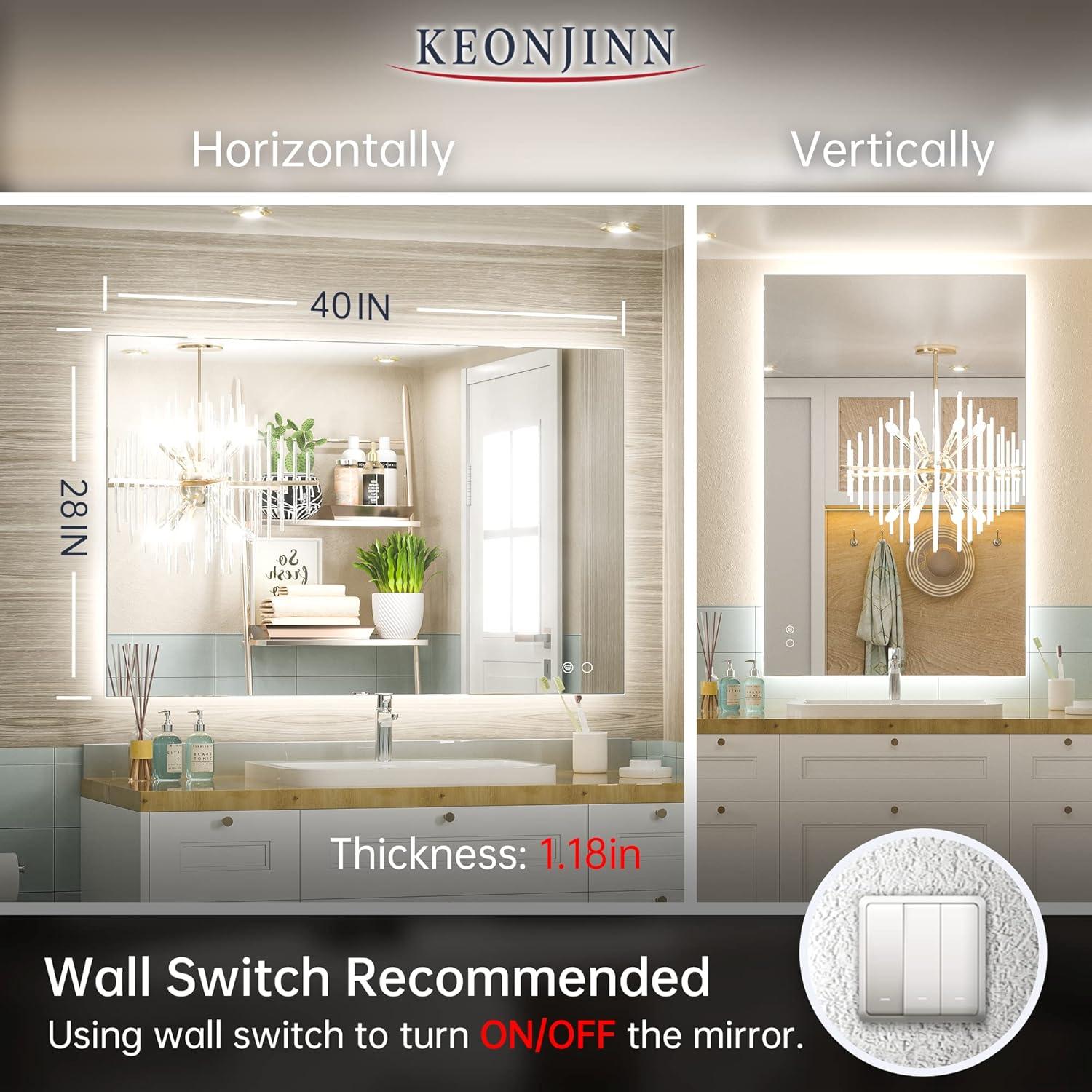 Keonjinn 40"x28" LED Backlit Mirror with Anti-Fog Dimmable Modern Rectangular Makeup Wall Mirror with Light, CRI90 Waterproof for Bathroom(Horizontal/Vertical)
