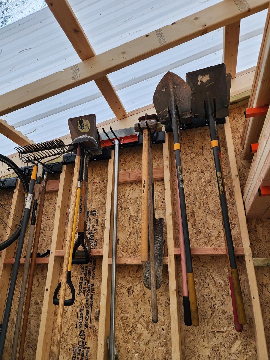 Garage Tool Organizer Wall Mount - Sturdy Storage Rack with Adjustable Hooks, Stud Spacing Compliance - 300lbs Capacity - Garden Tool Organizer for Garage with 3 Rails and 6 Hooks