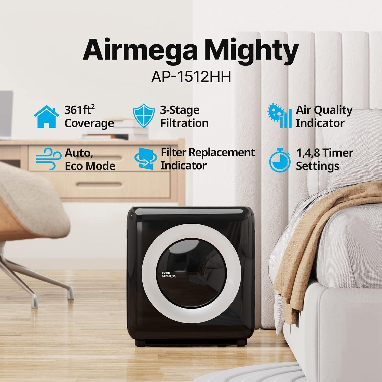 INKEDZ Airmega AP-1512HH True HEPA Air Purifier with Air Quality Monitoring, Auto Mode, Timer, Filter Indicator, Eco Mode