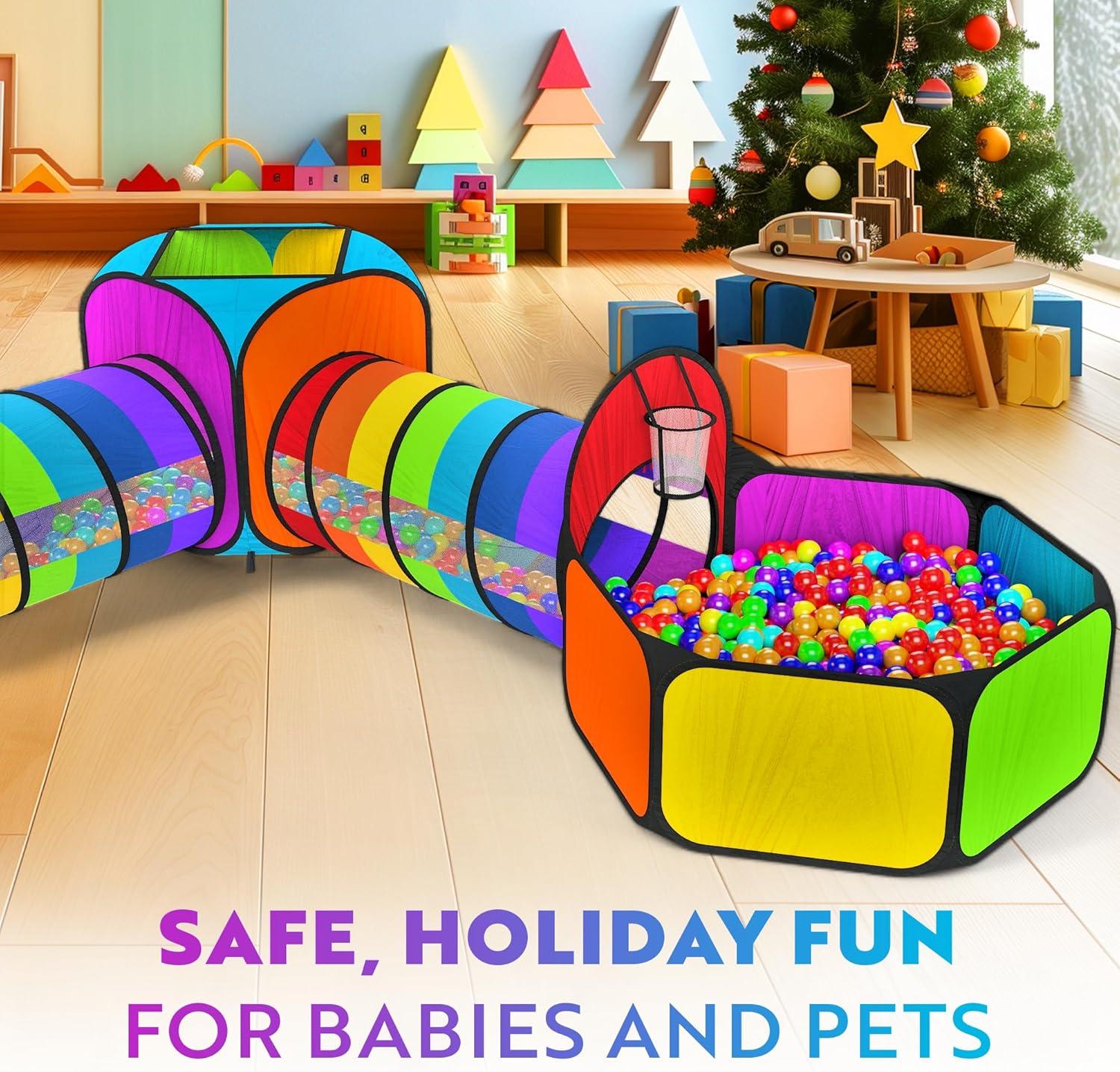 Playz 5pc Kids' Play Tents & Tunnels - Ball Pit for Toddlers, Basketball Hoop, Crawling Tubes, Pop-Up Playhouses, Baby Obstacle Course for Indoor or Outdoor Use