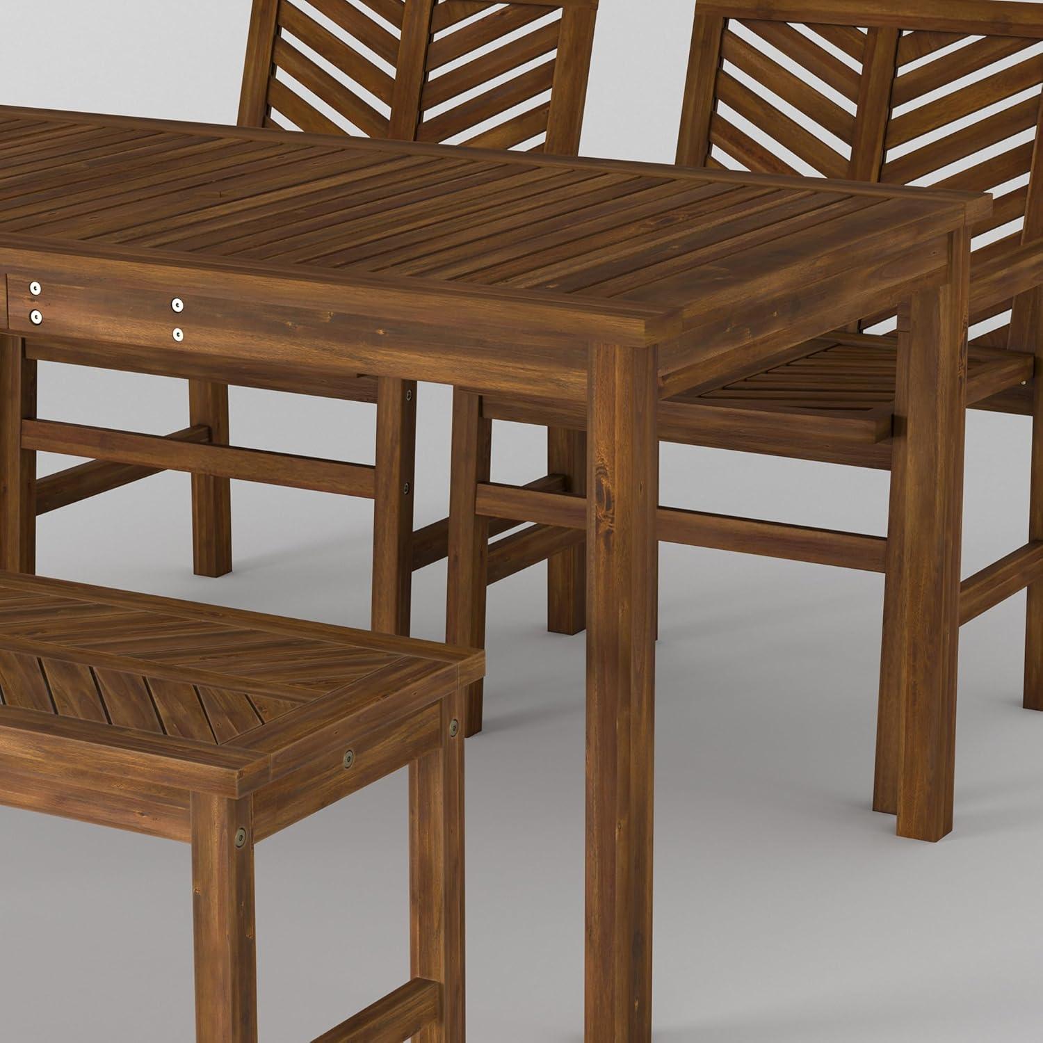 Walker Edison 5 Person Outdoor Wood Chevron Patio Furniture Dining Set Table Chairs Bench All Weather Backyard Conversation Garden Poolside Balcony, 4 Piece, Dark Brown