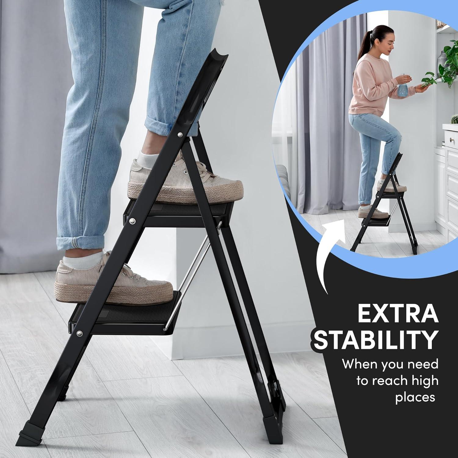 Lifetime Appliance Parts 2-Step Ladder with Wide Anti-Slip Platform & Thick Rubber feet - Foldable & Portable - 330 lbs Capacity - BLACK