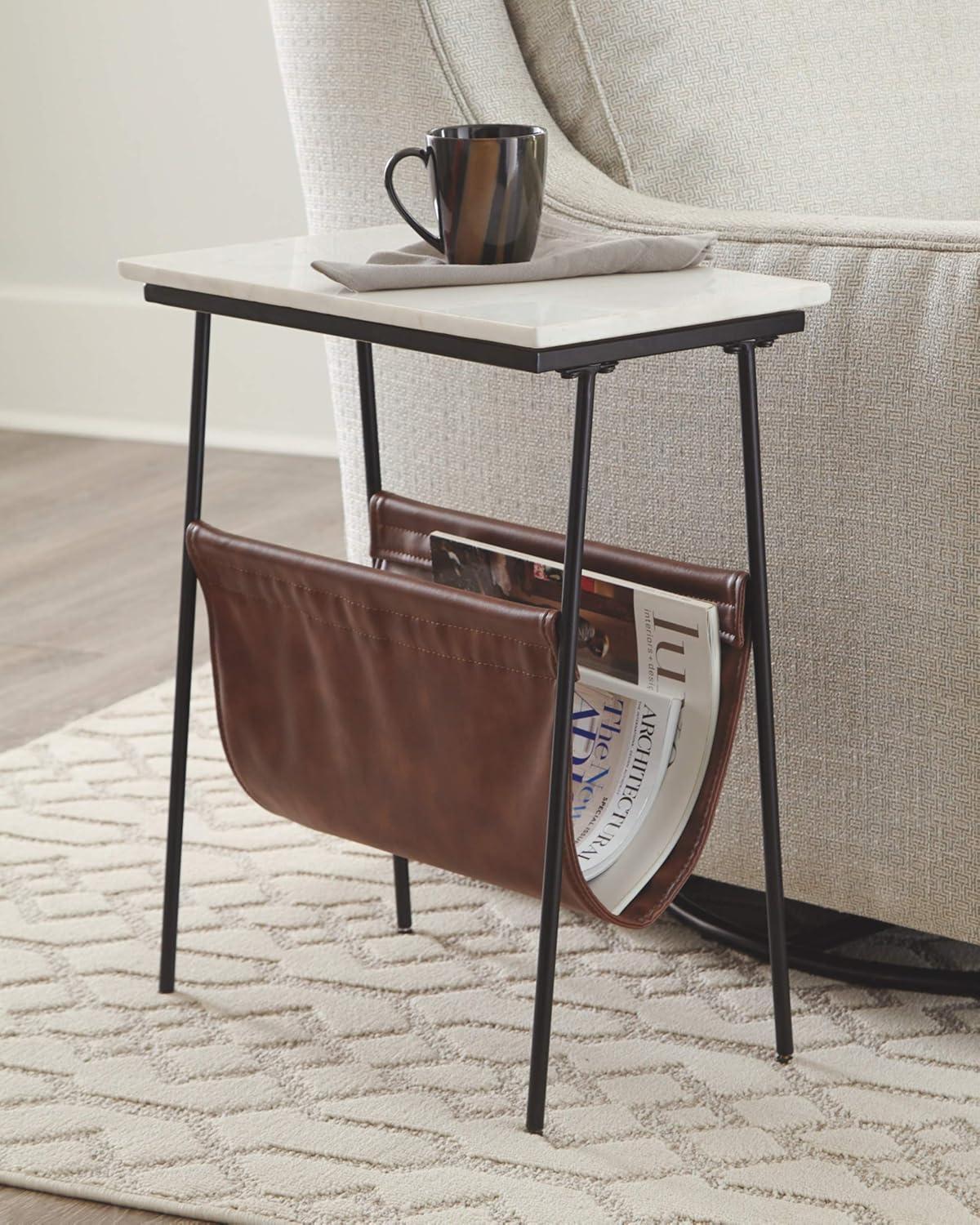 Etanbury Side Table Brown/Black/White - Signature Design by Ashley: Marble Top, Faux Leather Magazine Holder