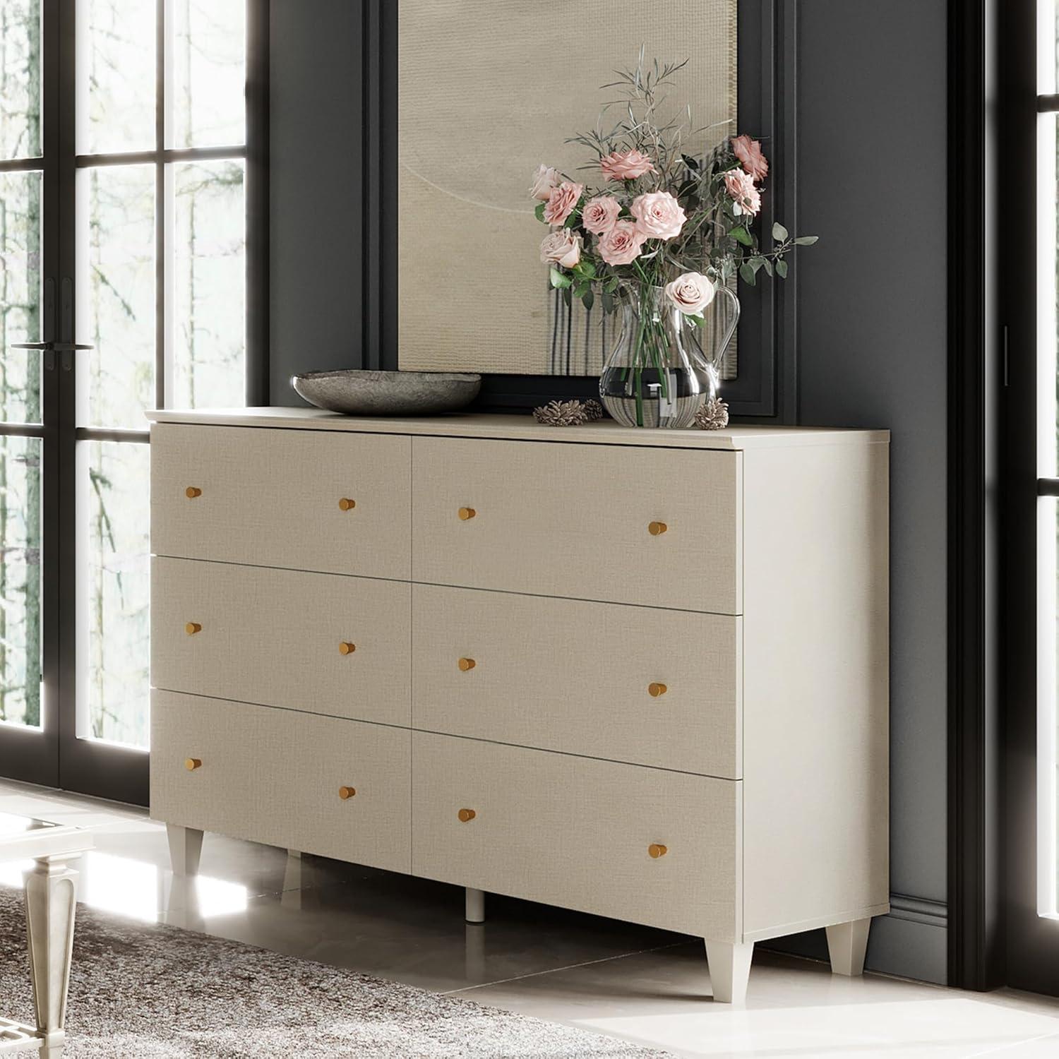 WAMPAT Dresser with 6 Drawers for Bedroom, Modern Wood Wide Double Dressers with Chest of Drawers, Beige