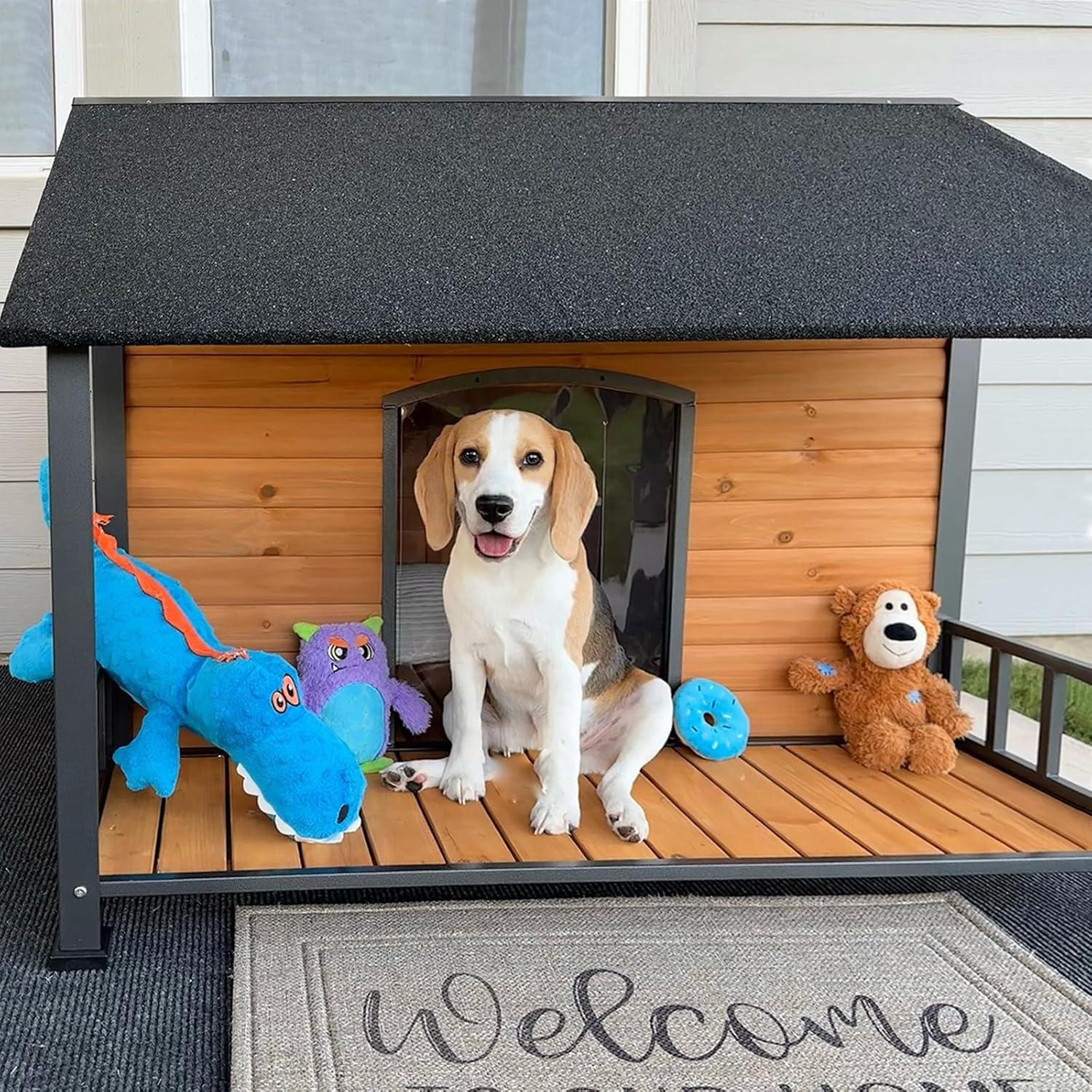 Aivituvin Weatherproof Dog House with Iron Frame| Extended Asphalt Roof|Spacious Balcony-AIR7010