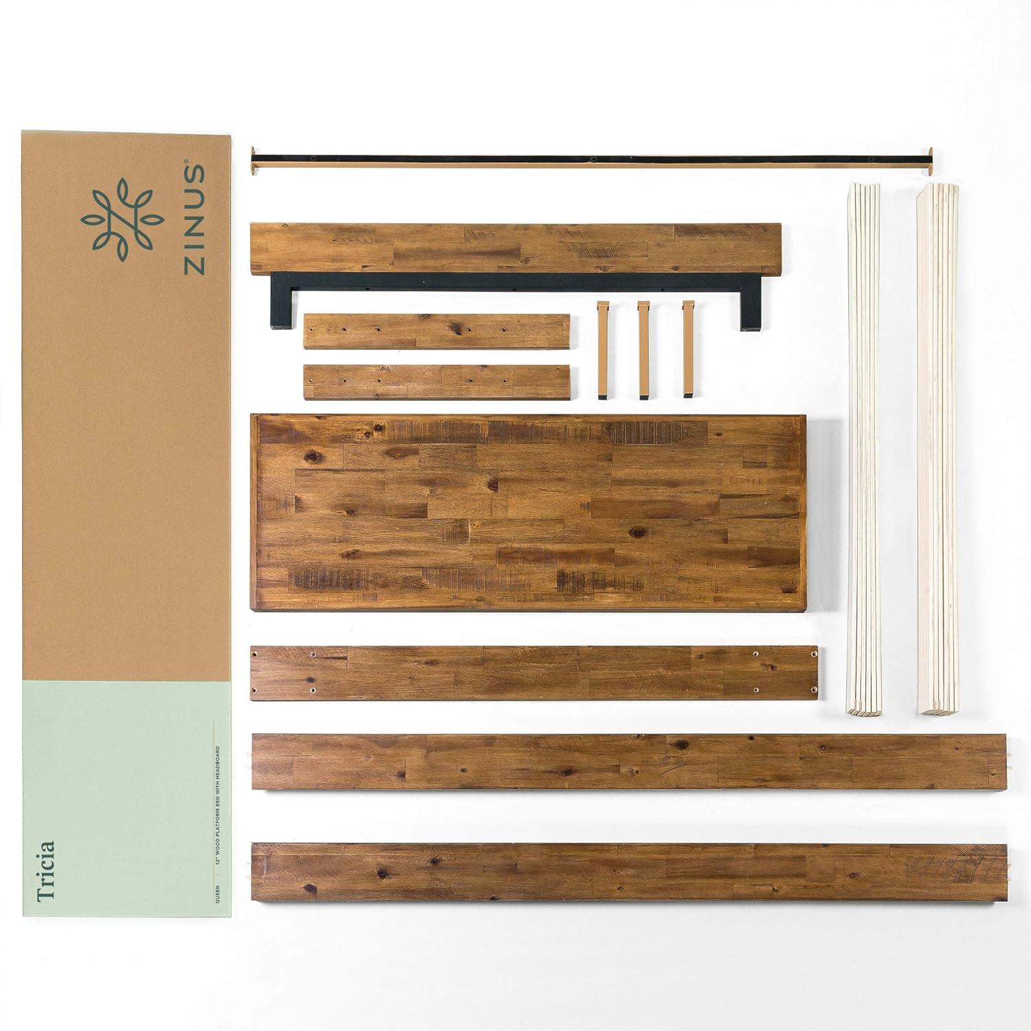 King Tricia Wood Platform Bed Frame with Adjustable Headboard Brown - Zinus: Rustic Style, No Box Spring Needed, 700 lbs Capacity