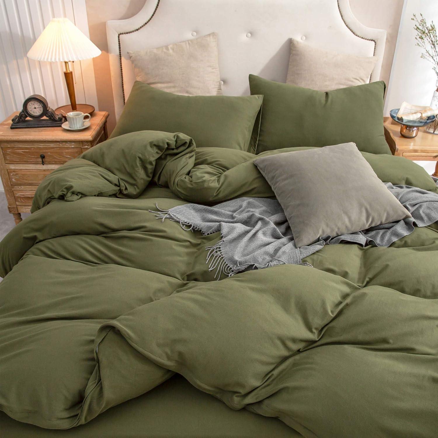 PURE ERA Jersey Knit Duvet Cover Set 100% T-Shirt Cotton Super Soft Comfy 2pc Bedding Set with Zipper Closure (Solid Olive Green, Twin)