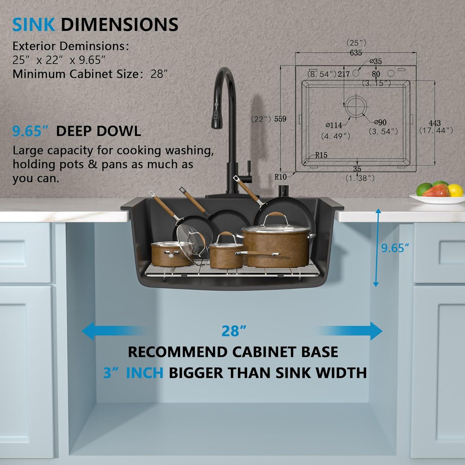Quartz Kitchen Sink - 25X22" Black Granite Composite Drop In Kitchen Sink
