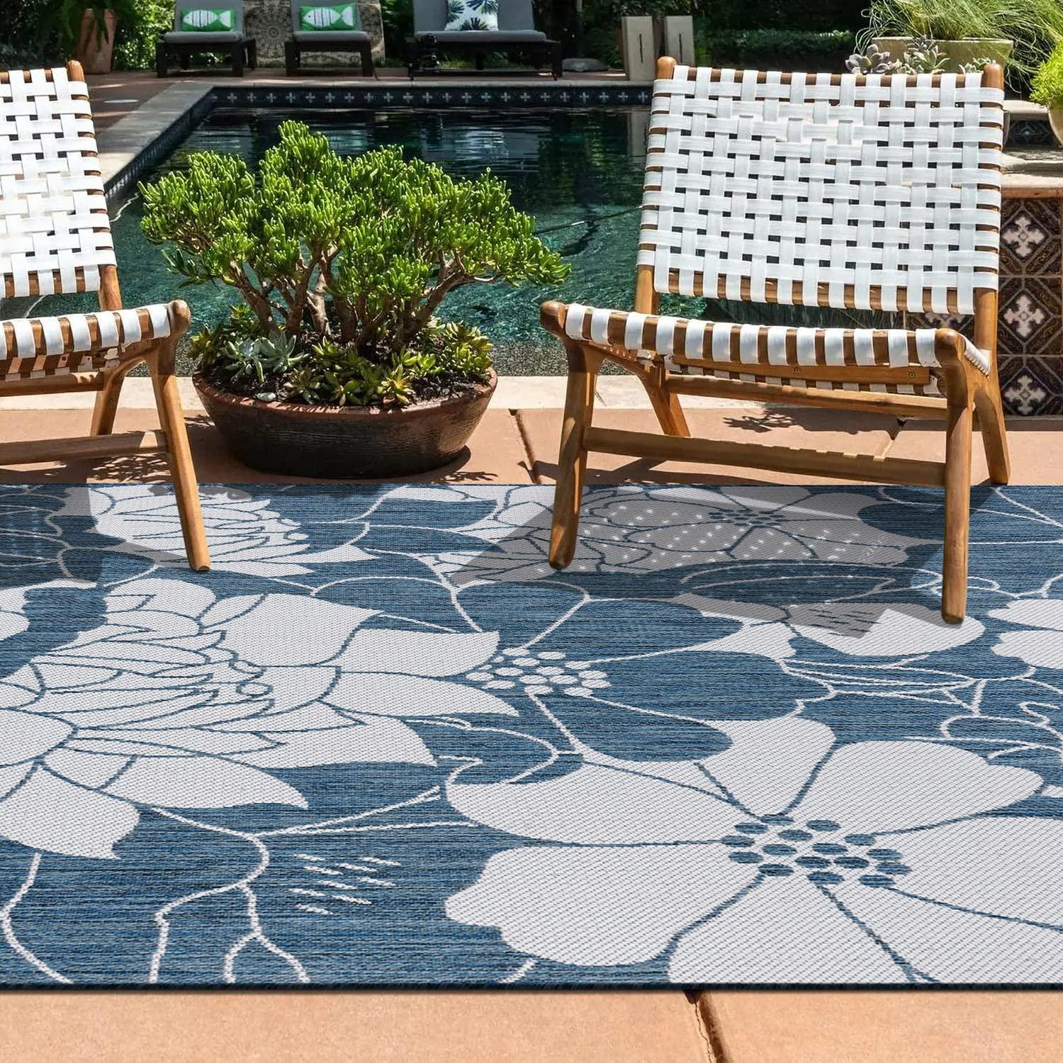 World Rug Gallery Modern Floral Flowers Textured Flat Weave Indoor/Outdoor Area Rug - NAVY 5' X 7'