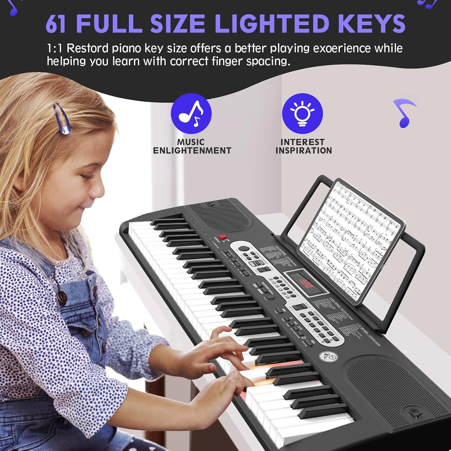 Fenbeli 61 Key Piano Keyboard with Lighted Keys Electric Keyboard Kit with Stand, Bench, Headphones, Built-in Speakers, Pink