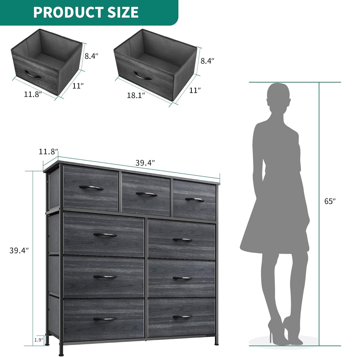SYTHERS Dresser for Bedroom with 9 Drawers, Fabric Dresser Storage Organizer Unit with Fabric Bins, Fabric Dresser for Living Room, Closet, Hallway, Dark Gray