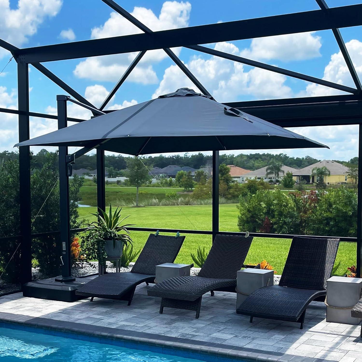 PURPLE LEAF 11 FT Square Patio Umbrella Large Cantilever Outdoor Aluminum Offset Umbrella with 360-degree Rotation for Garden Deck Backyard Pool, Grey