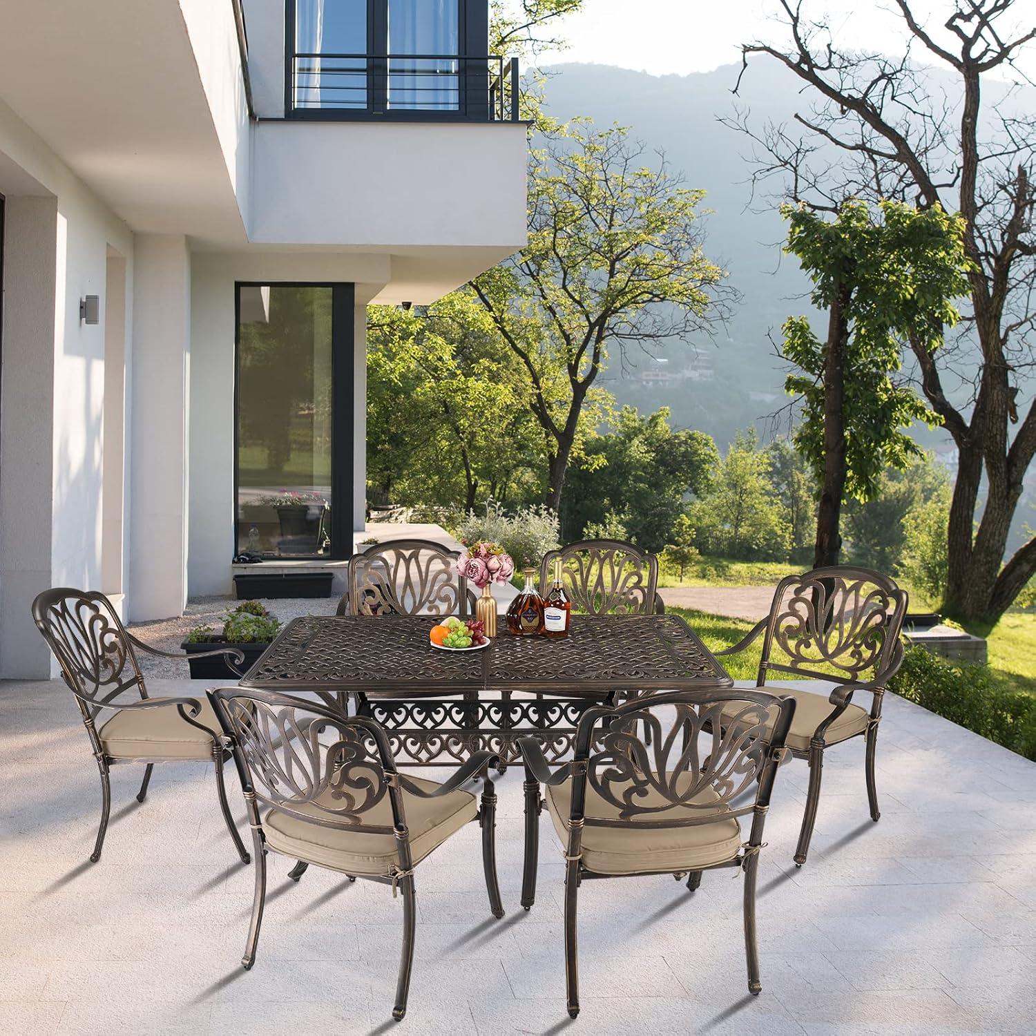 Outvita 59inch Patio Dinning Table, Outdoor Cast Aluminum Large Rectangle Table with Umbrella Hole and Antique Design for Backyard Pool Balcony Deck