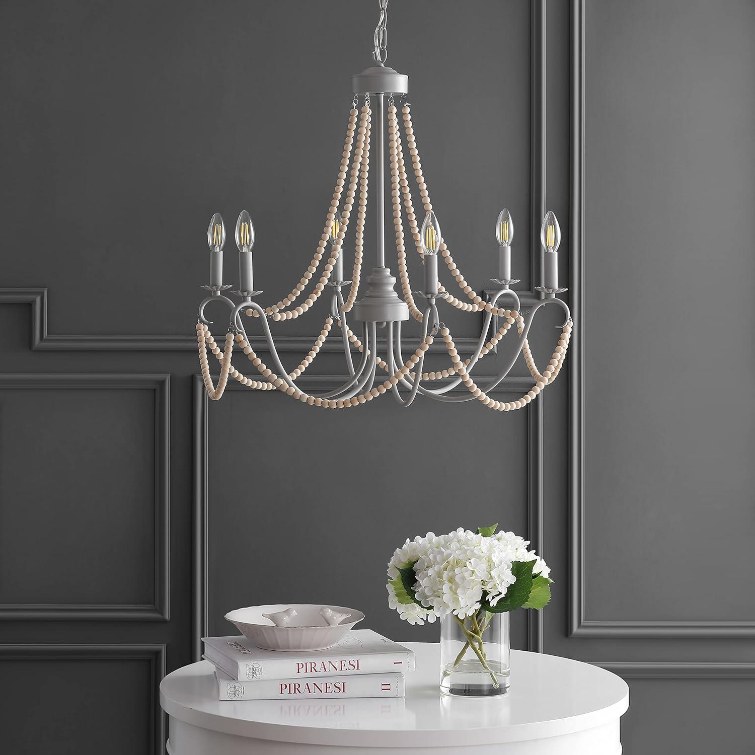 Rustica 6-Light 27" Adjustable Greige Metal/Wood Bead LED Chandelier, Grey/Natural