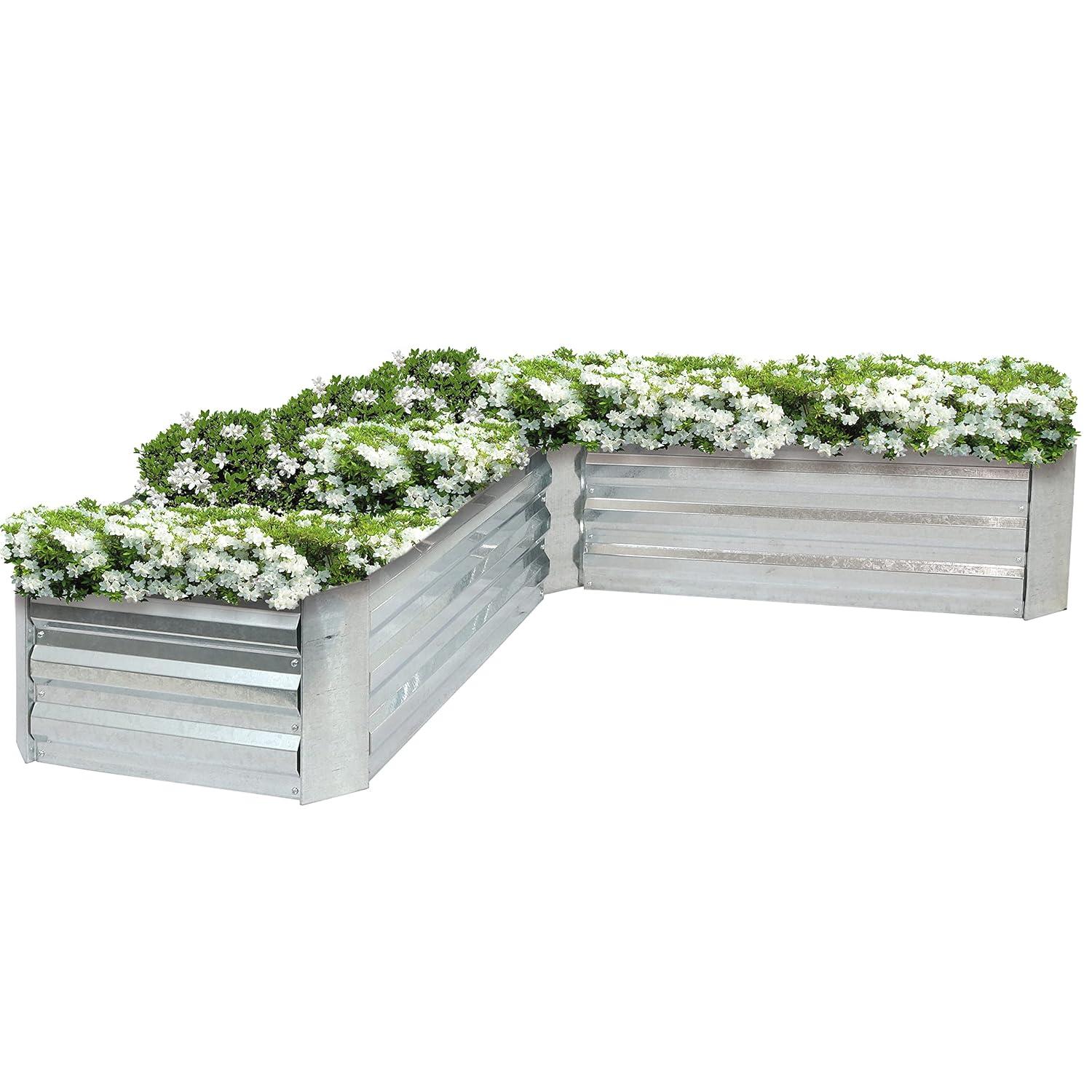 Sunnydaze Outdoor Galvanized Steel L-Shaped Raised Garden Bed for Plants, Vegetables, and Flowers - 59.5" - Silver