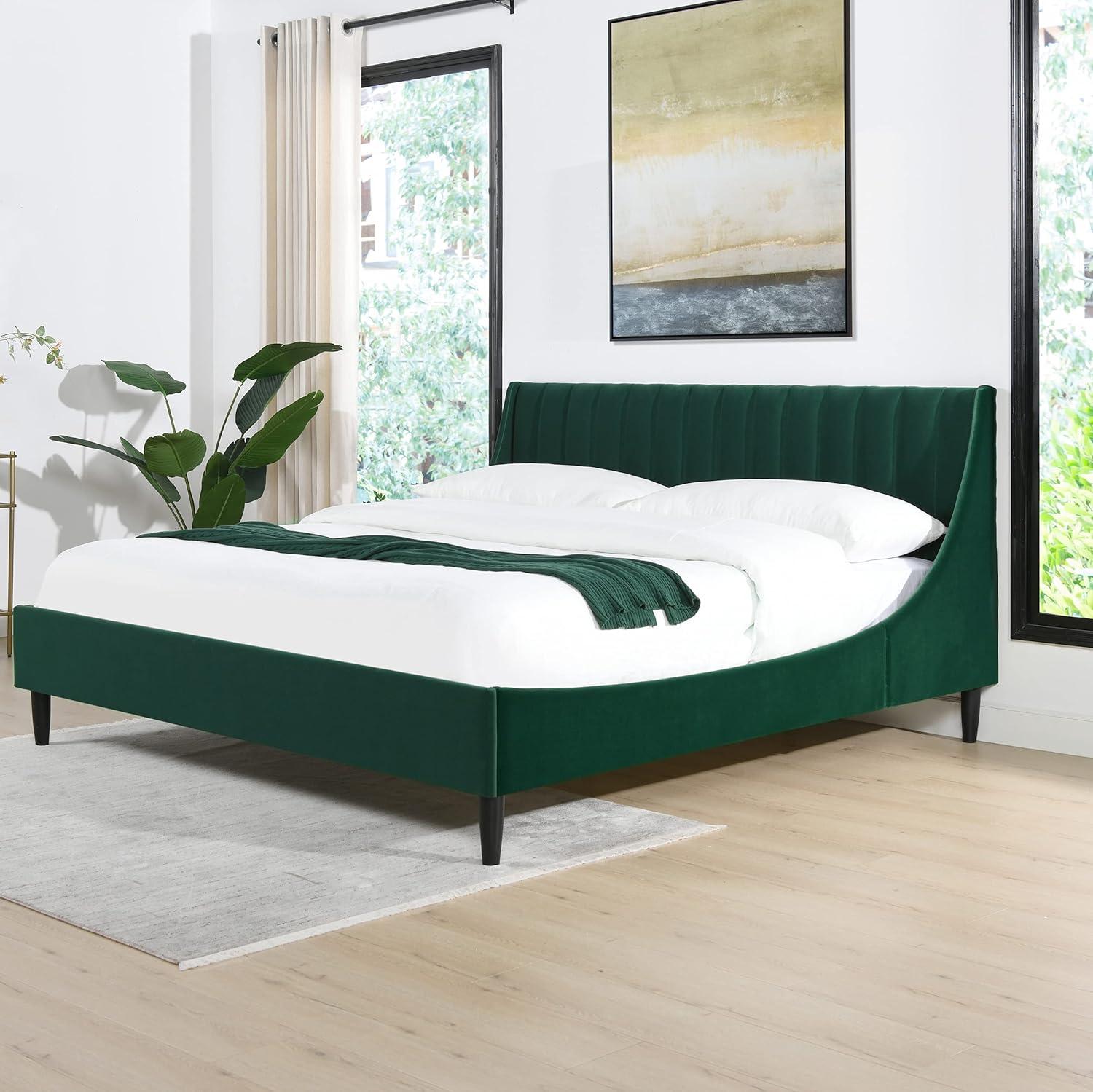 Aspen Evergreen Velvet King Platform Bed with Tufted Headboard