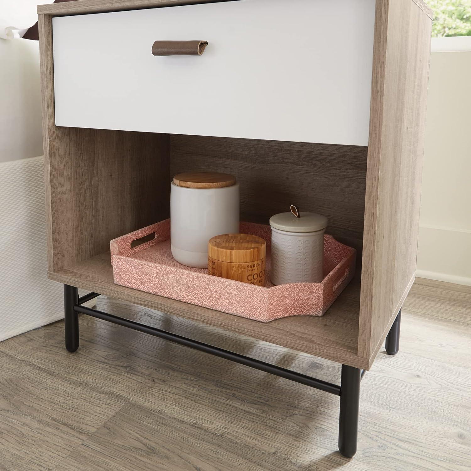 Sky Oak and White Single-Drawer Nightstand with Metal Base