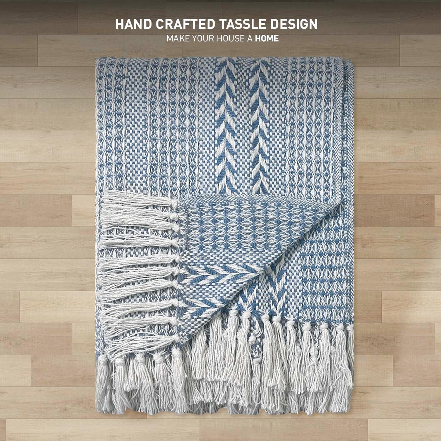 Sky Blue and White Braided Waffle Weave Cotton Throw Blanket