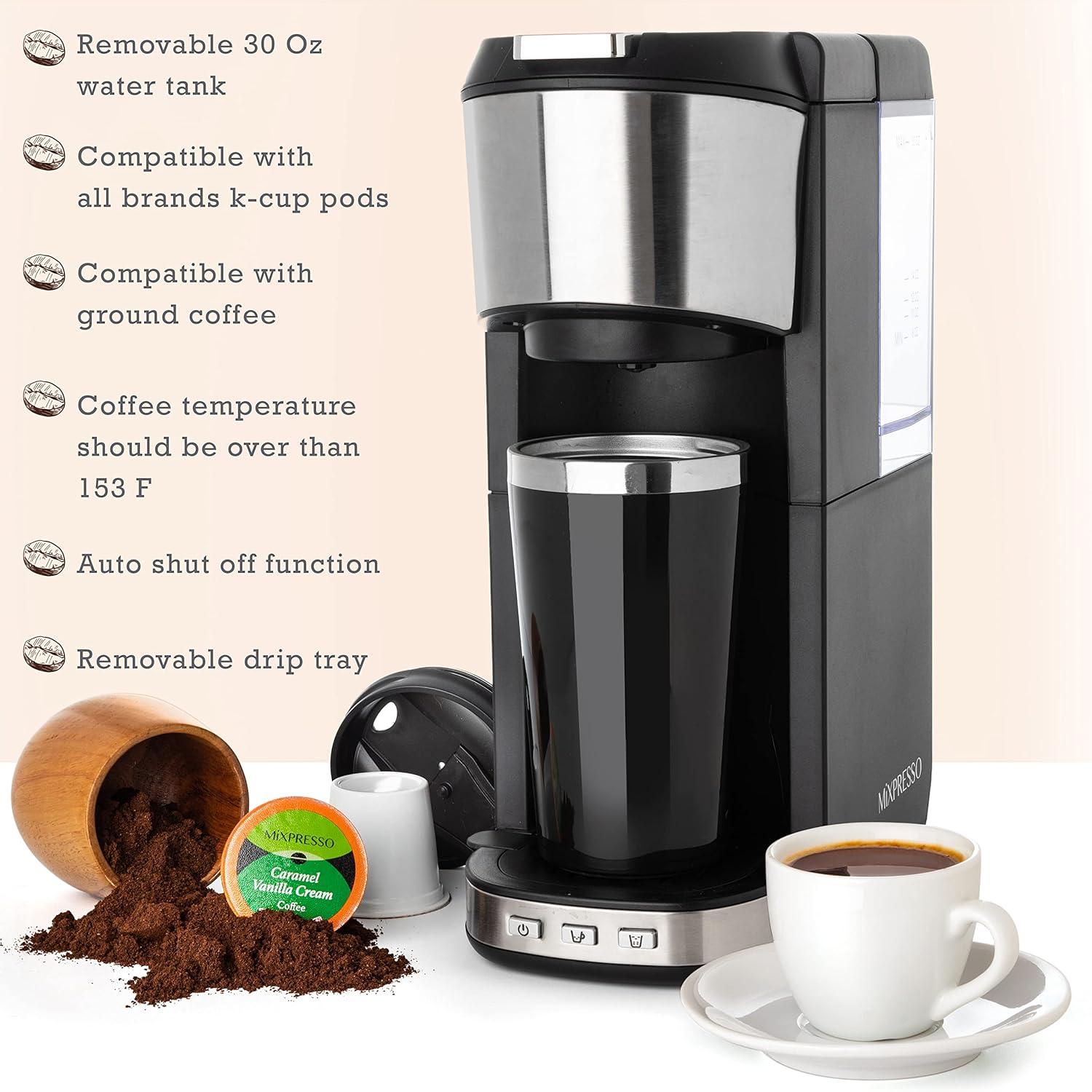 Mixpresso Coffee Maker Single Serve For Ground Coffee & Compatible With K Cup Pods, With 14oz Travel Mug & Reusable Filter For Home, Office & Camping, 30oz Removable Water Tank.