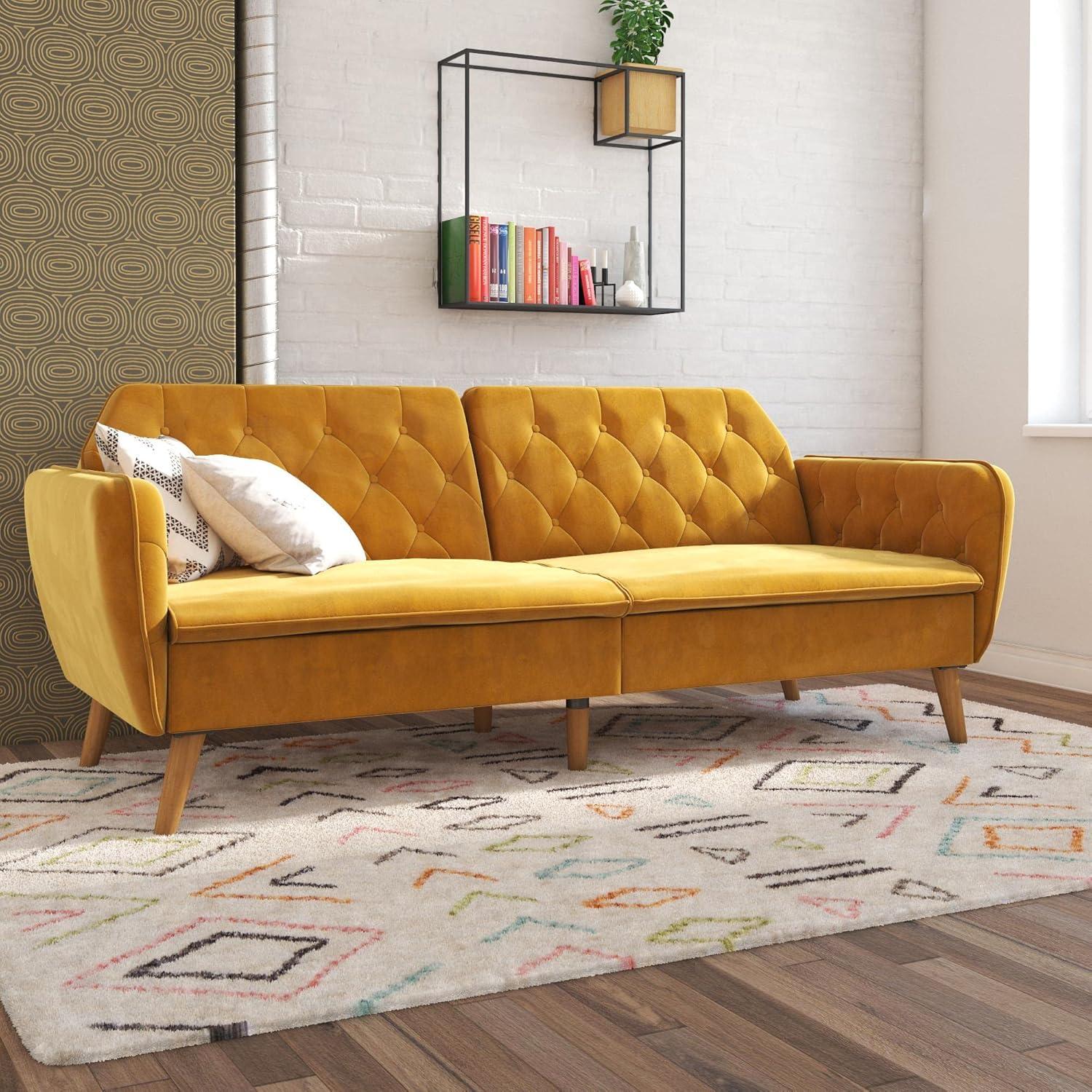 Tallulah Memory Foam Futon and Sofa Bed Mustard Yellow - Novogratz: Velvet Upholstery, Split-Back Design, Wooden Legs