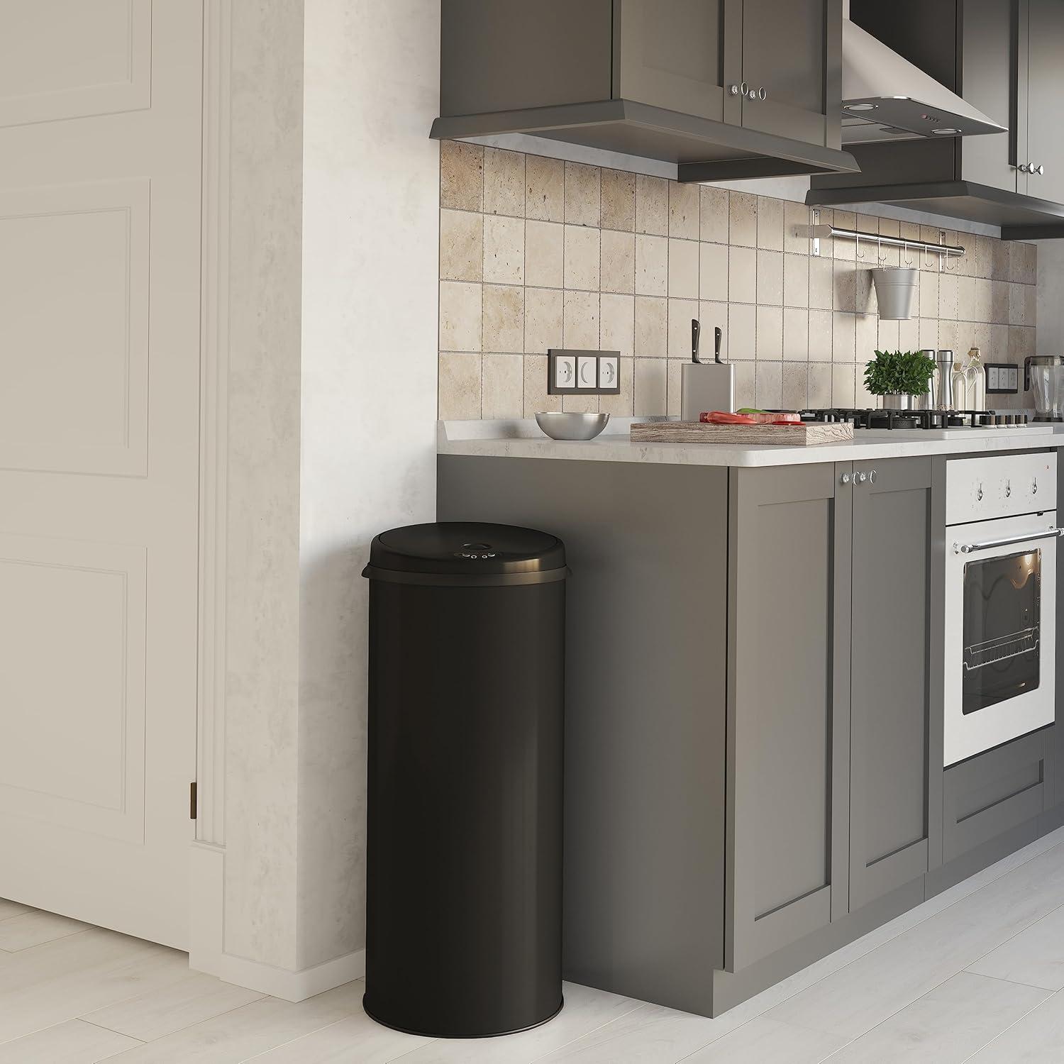 iTouchless Sensor Kitchen Trash Can with AbsorbX Odor Filter Round 13 Gallon Black Stainless Steel
