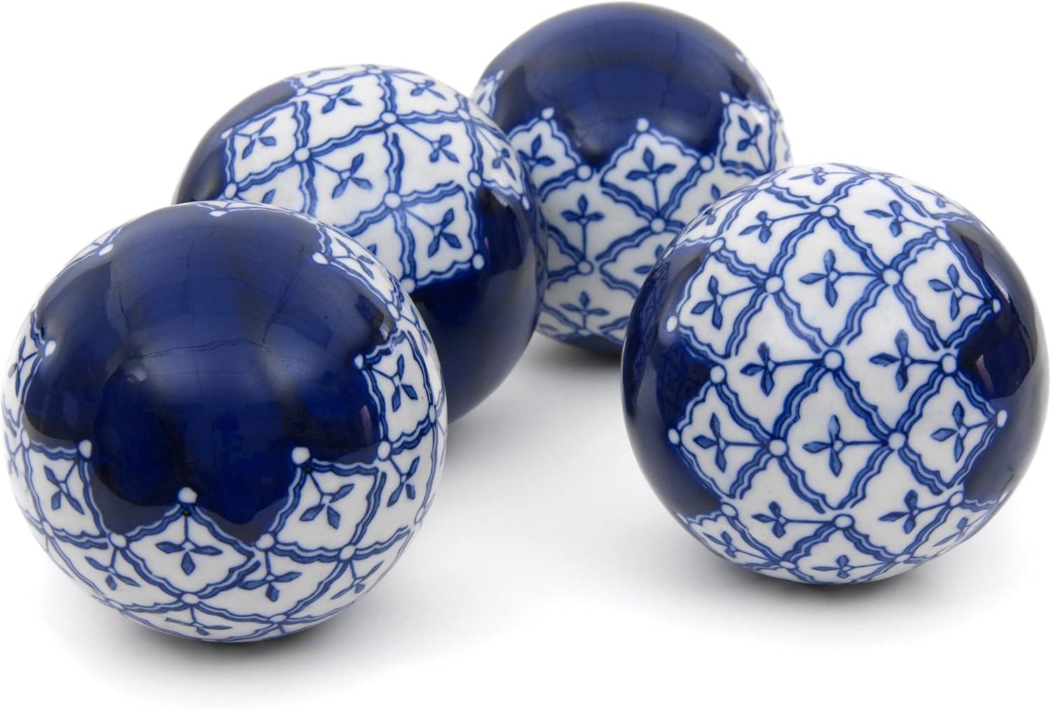 Oriental Furniture 4" Blue & White Medallions Porcelain Ball Set, decorative item, center piece