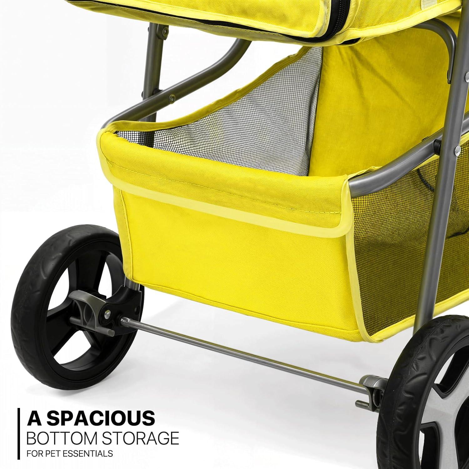 3 Wheel Folding Pet Stroller, Foldable Dog Jogger Stroller with Storage Basket, Cup Holder & Canopy