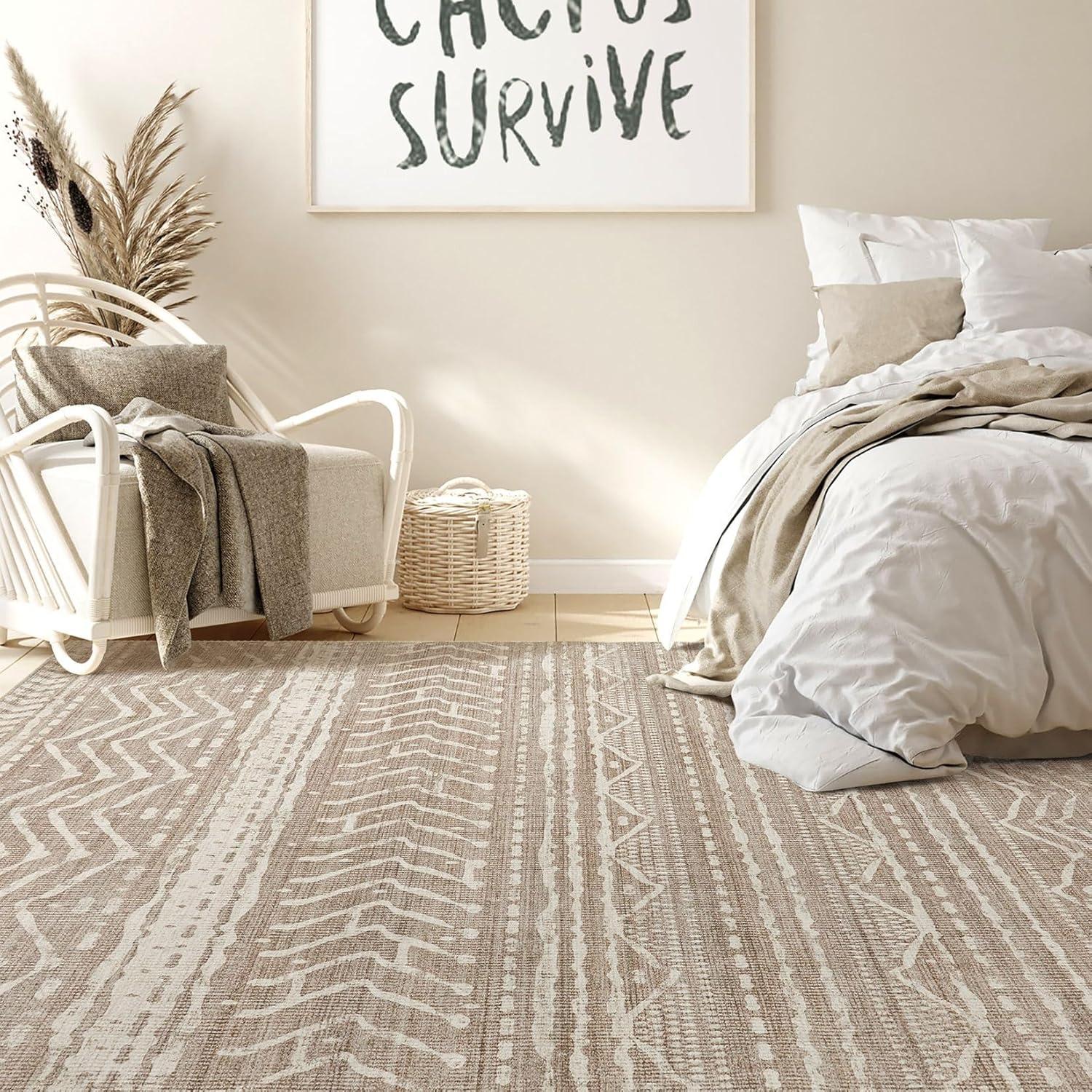 FairOnly 9'x12' Brown White Area Rugs Machine Washable Vintage Rugs for Bathroom Geometric Moroccan Ultra-Thin Area Rugs for Family Room Living Room Carpet