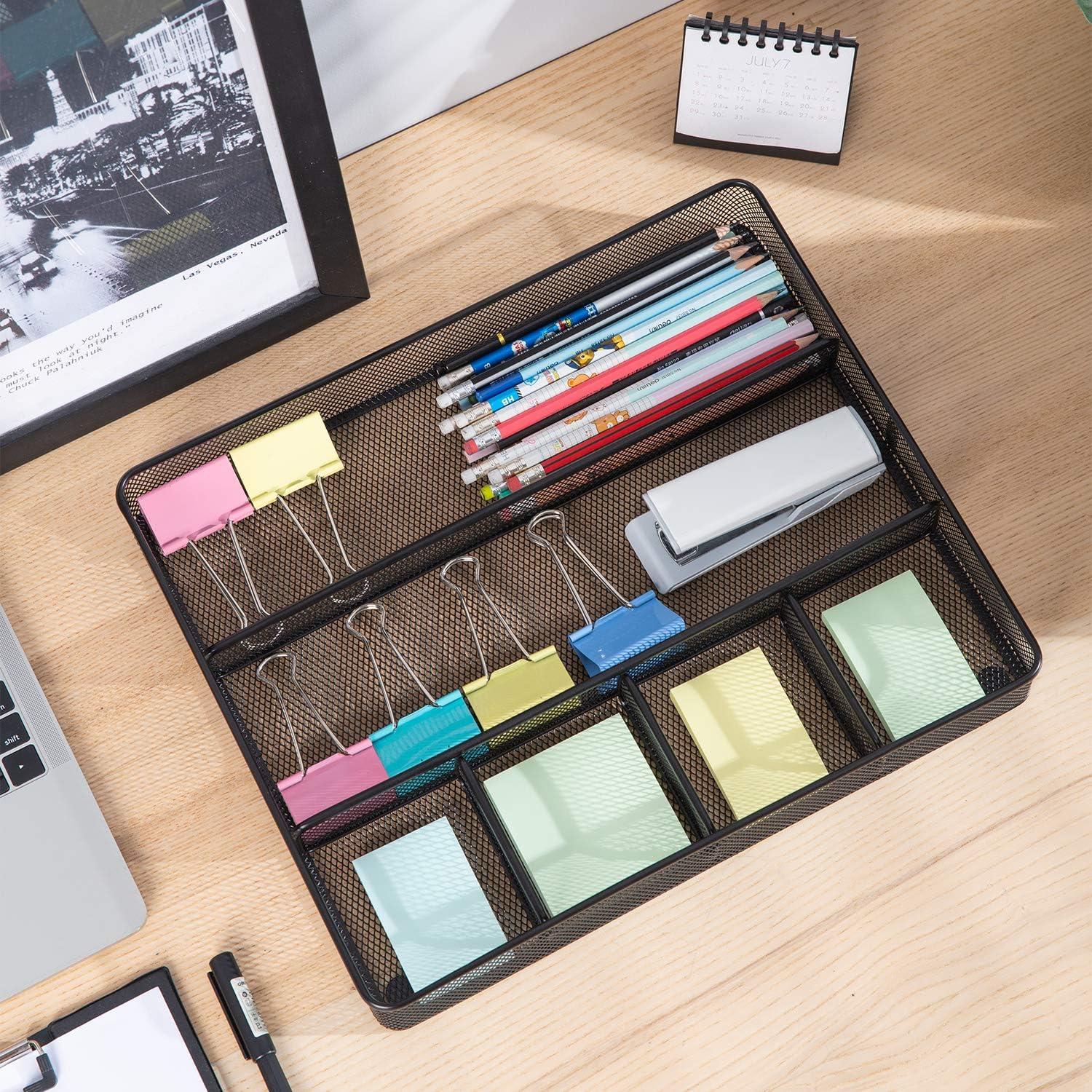 Black Metal Mesh 6-Compartment Desk Drawer Organizer