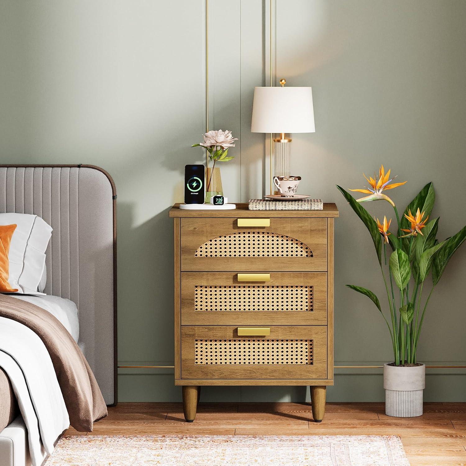 Tribesigns Mint Green Nightstand, 3-Drawer Rattan Night Stand Side Table, Accent Bedside Tables End Table for Bedroom and Small Spaces, Easy Assembly (1, Green)