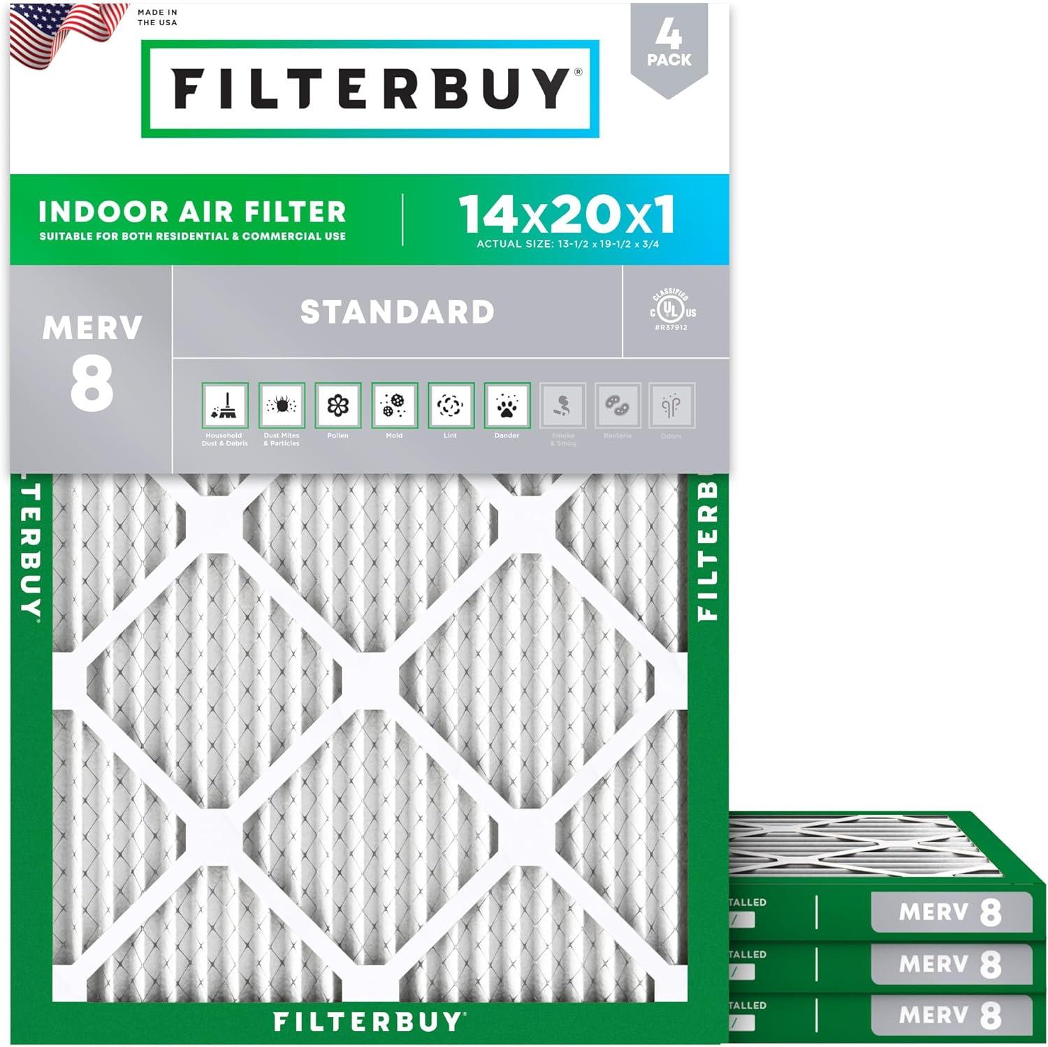 Filterbuy 14x20x1 MERV 8 Pleated HVAC Furnace Air Filters 4-Pack