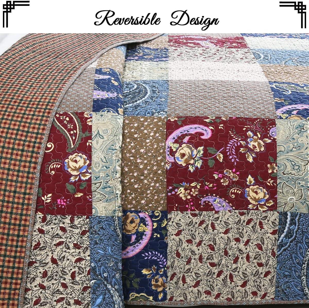 King Size Red and Navy Cotton Reversible Patchwork Quilt Set
