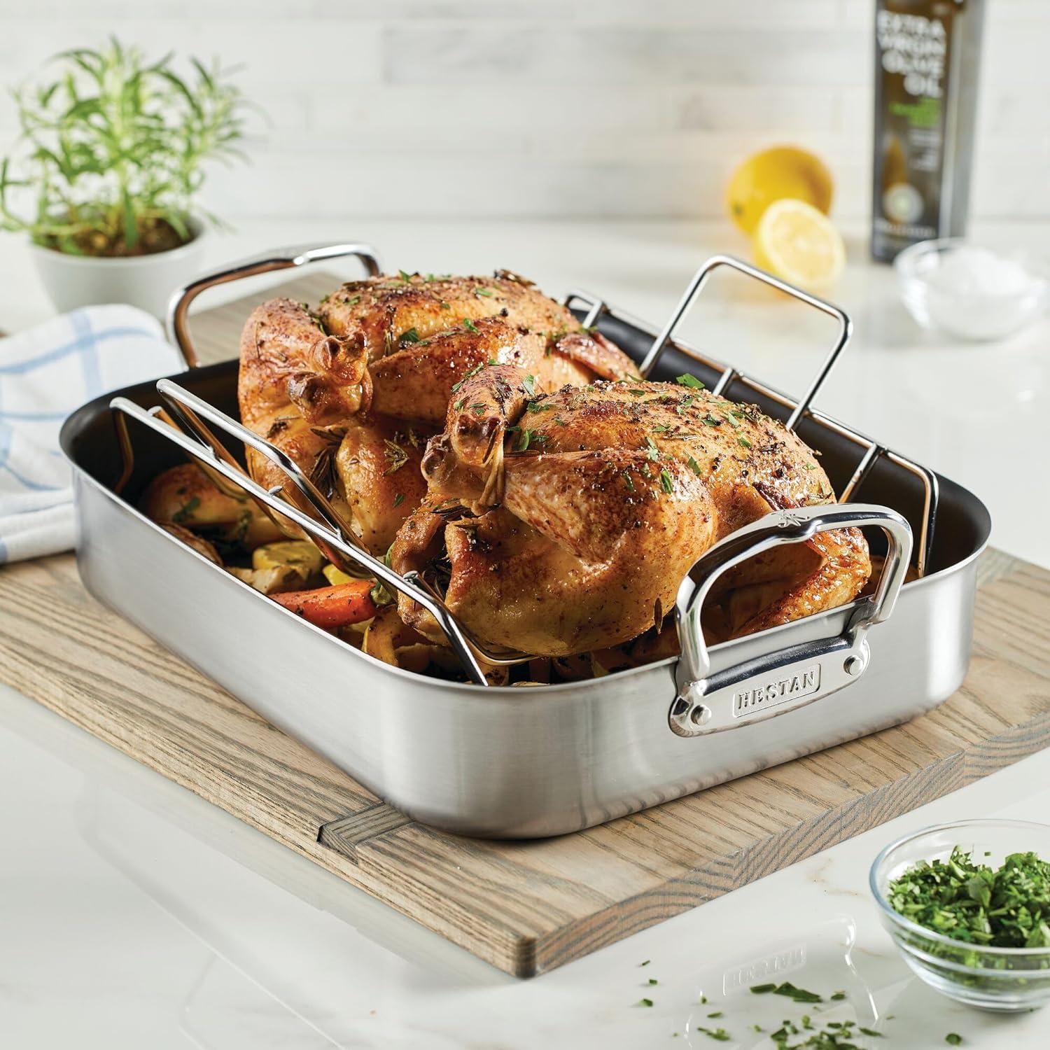 Small Stainless Steel Nonstick Roaster with Rack and Handles