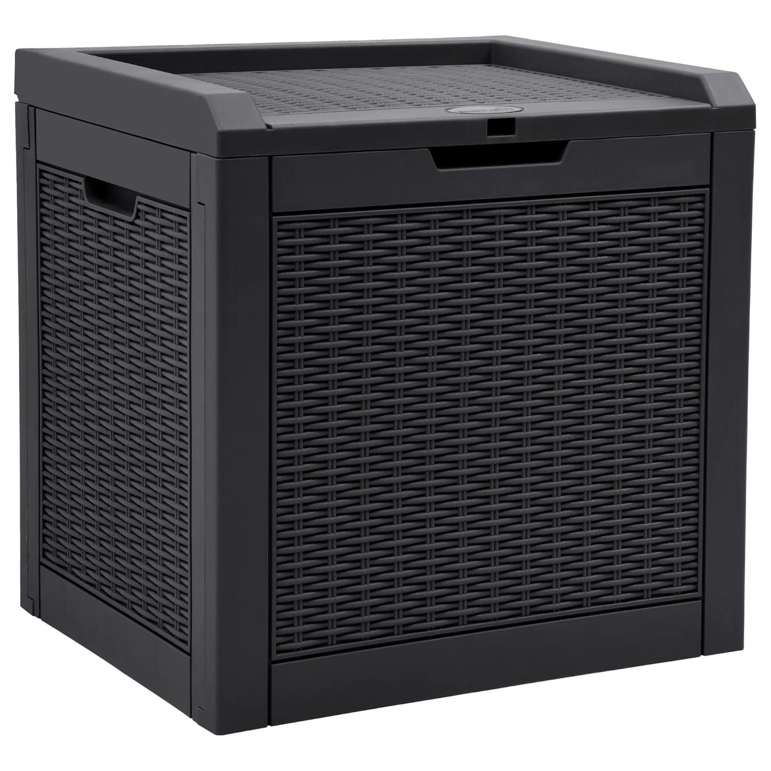 YITAHOME 32 Gallon Rattan Deck Box, Indoor Outdoor Storage Box for Patio Furniture, Pool Accessories, Cushions, Garden Tools, Sports Equipment, Waterproof Resin with Lockable Lid & Side Handles, Black