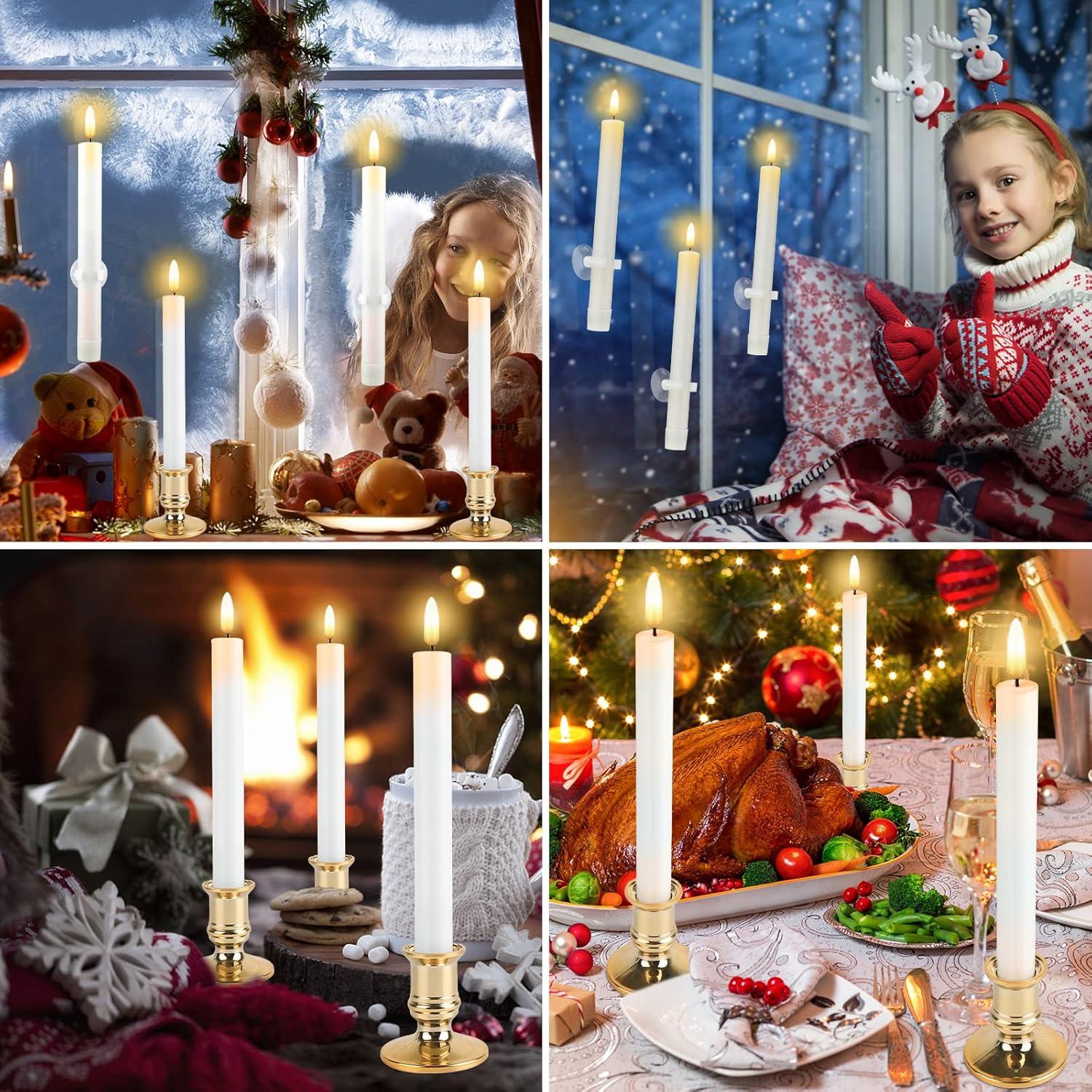 Christmas Window Candles, 6 Pack  Flameless Taper Candles Flickering With Remote, Window Candles Battery Operated With Timer, 3D Wick, 6 Candle Holders & 6 Suction Cups - Christmas Decorations