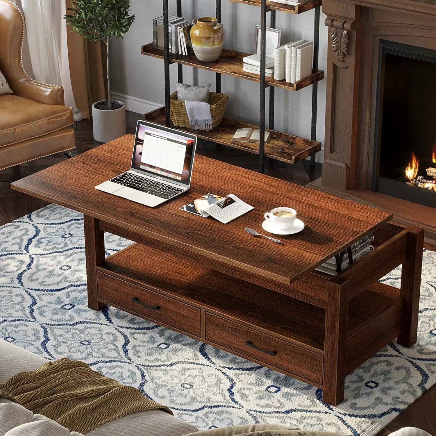 Espresso Lift-Top Rectangular Wood Coffee Table with Storage