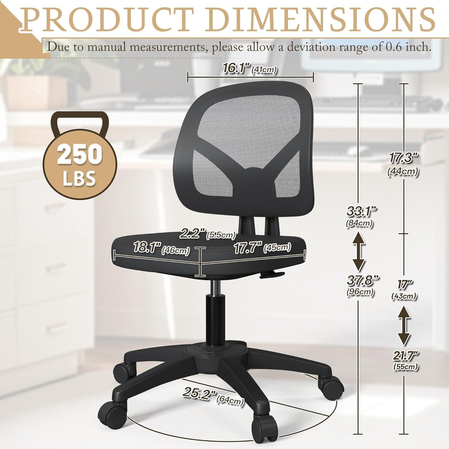 Mesh Office Chair Ergonomic Small Desk Chair No Arms Black Swivel Computer Chair with Wheels Task Chair for Small Spaces Mid Back Home Office Chair for Adults and Kids