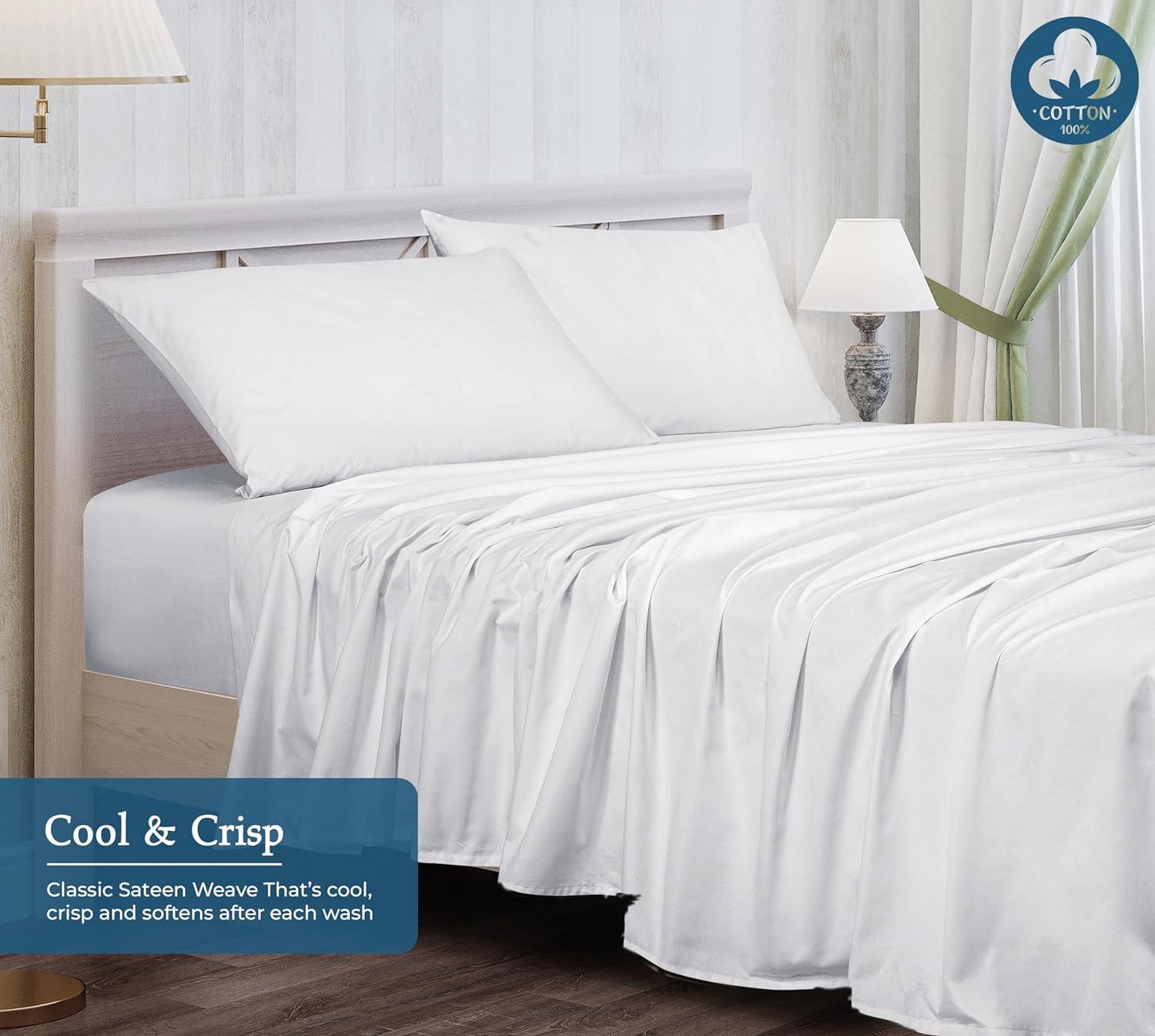 Royale Linens 400 Thread Count 100% American Grown Cotton 4 Piece Sateen Queen Sheet Set - 1 Fitted, 1 Flat Sheet, 2 Pillow case - True White Bedsheet Set - Cooling Cotton Sheets - (Queen, True White)