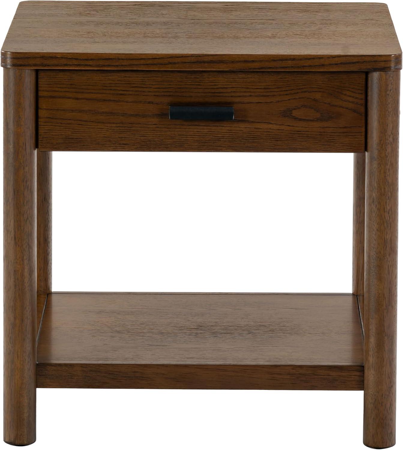 Medium Oak Wood and Metal End Table with Storage Drawer