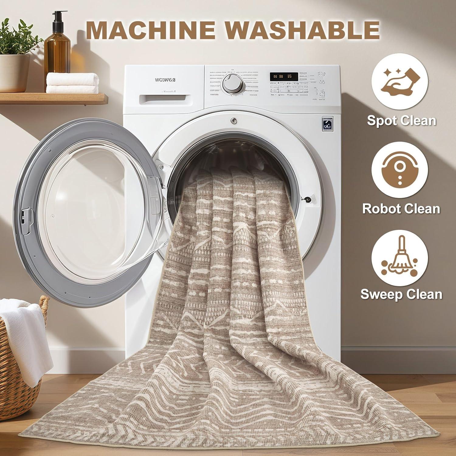 FairOnly 9'x12' Brown White Area Rugs Machine Washable Vintage Rugs for Bathroom Geometric Moroccan Ultra-Thin Area Rugs for Family Room Living Room Carpet