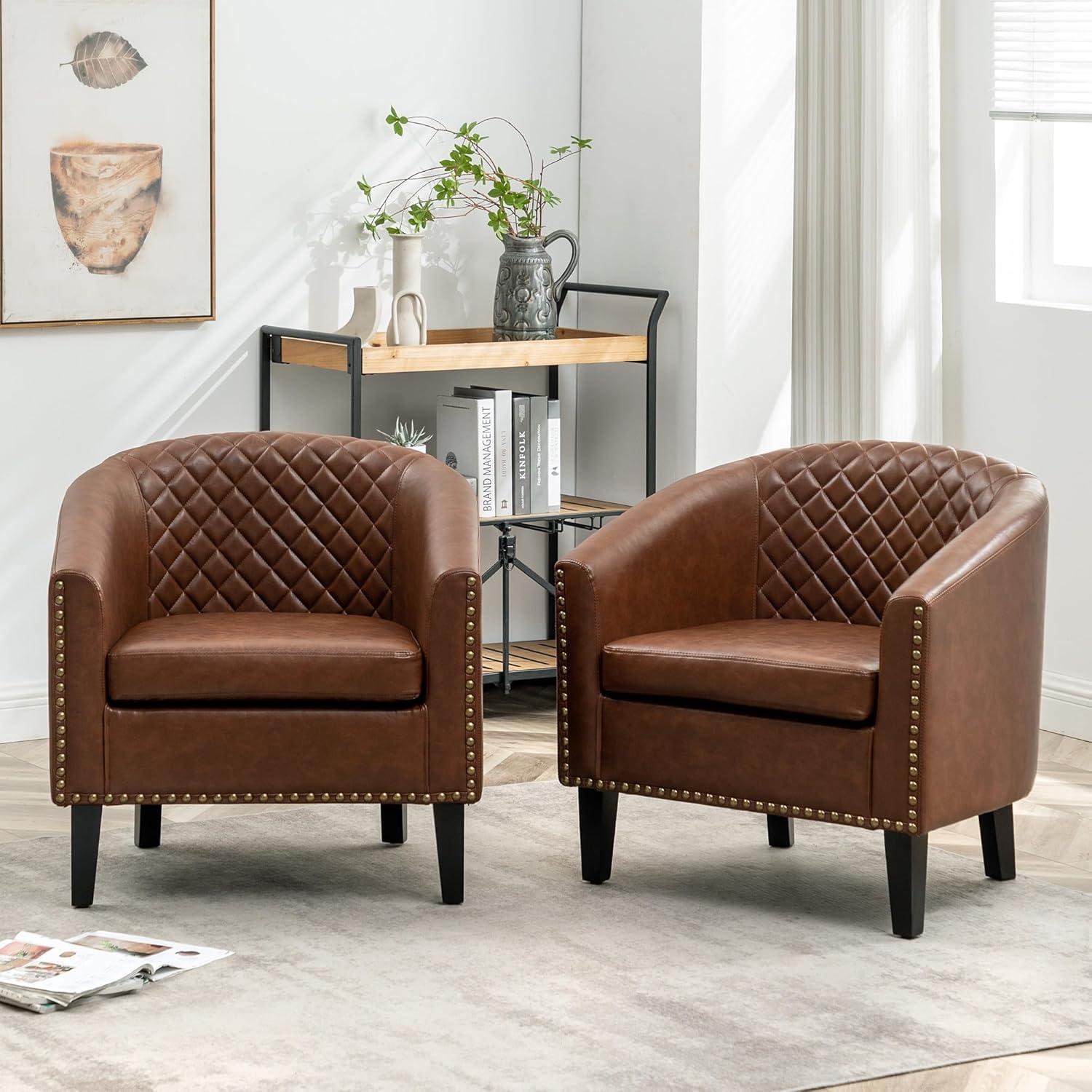 Brown Faux Leather Barrel Chairs with Nailhead Trim, Set of 2