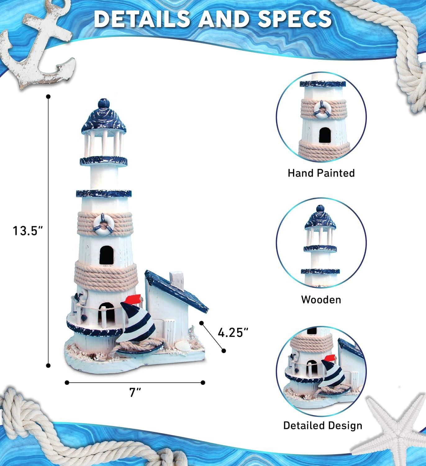 CoTa Global Ocean Blue Lighthouse Decor - Handmade and Crafted Wooden Lighthouse Decoration with Sailboat Figure Decorative Beach Style Tabletop Centerpiece, Nautical Themed Home Decor – 13.5 Inch