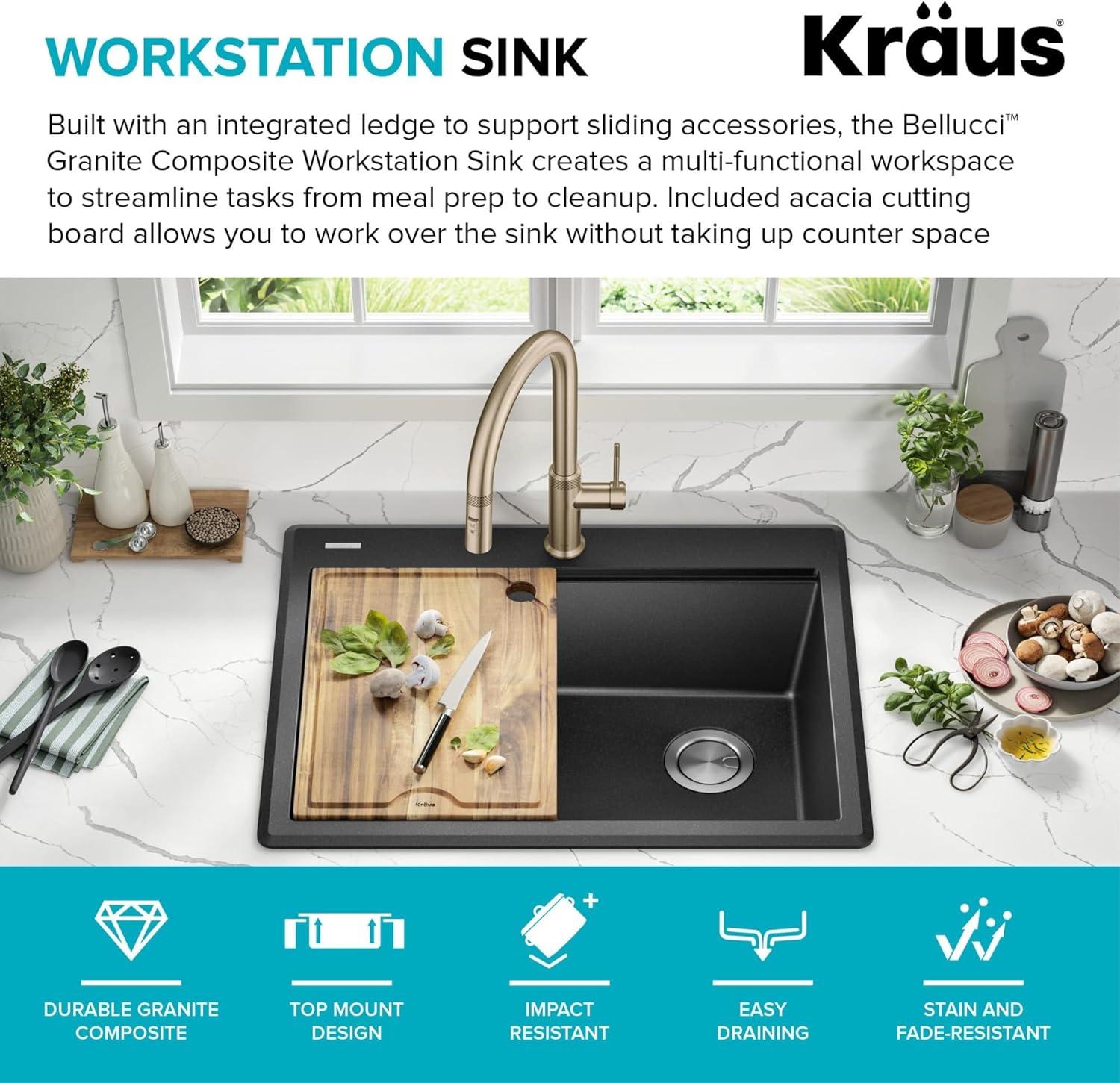 KRAUS Bellucci Granite Composite Workstation Drop-In Top Mount Single Bowl Kitchen Sink with Accessories