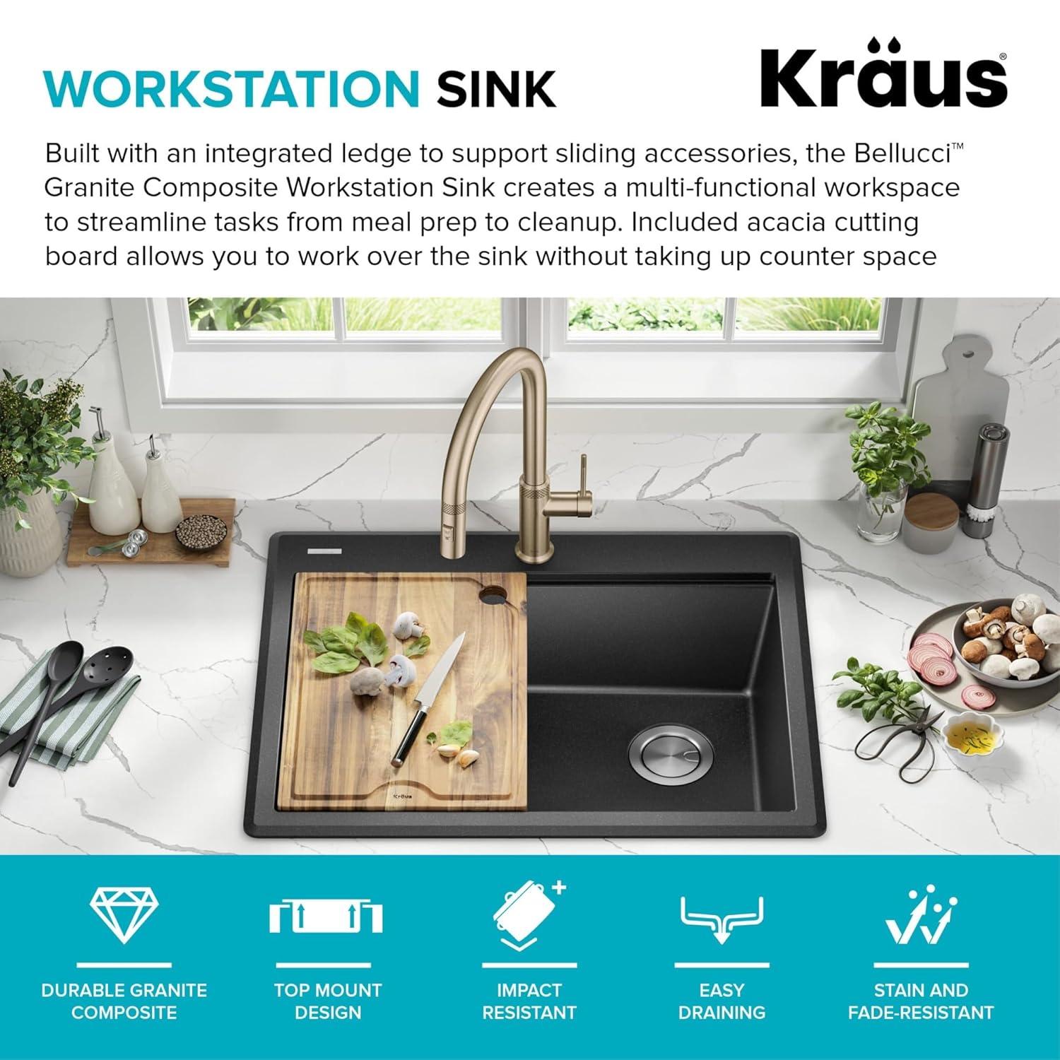 KRAUS Bellucci Granite Composite Workstation Drop-In Top Mount Single Bowl Kitchen Sink with Accessories