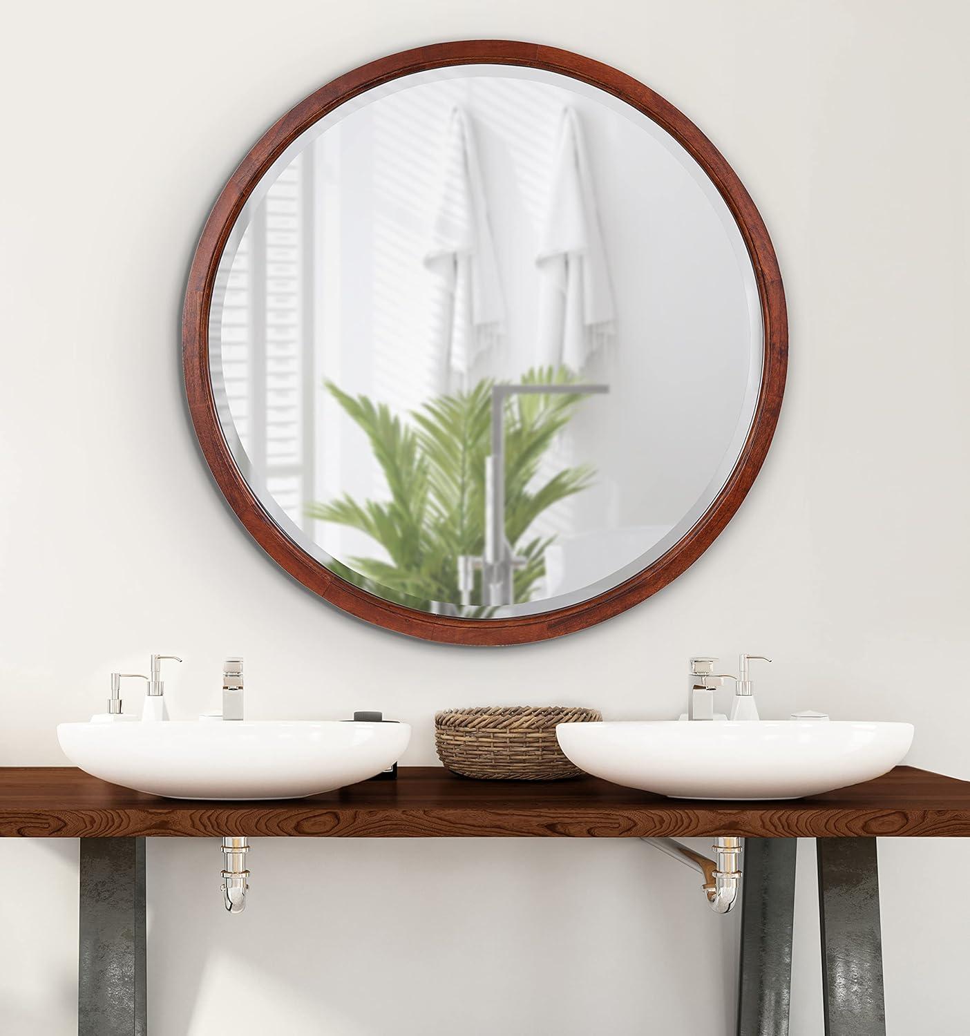 32" x 32" Hogan Round Framed Decorative Wall Mirror Walnut Brown : Modern Wood Frame, No Assembly Required