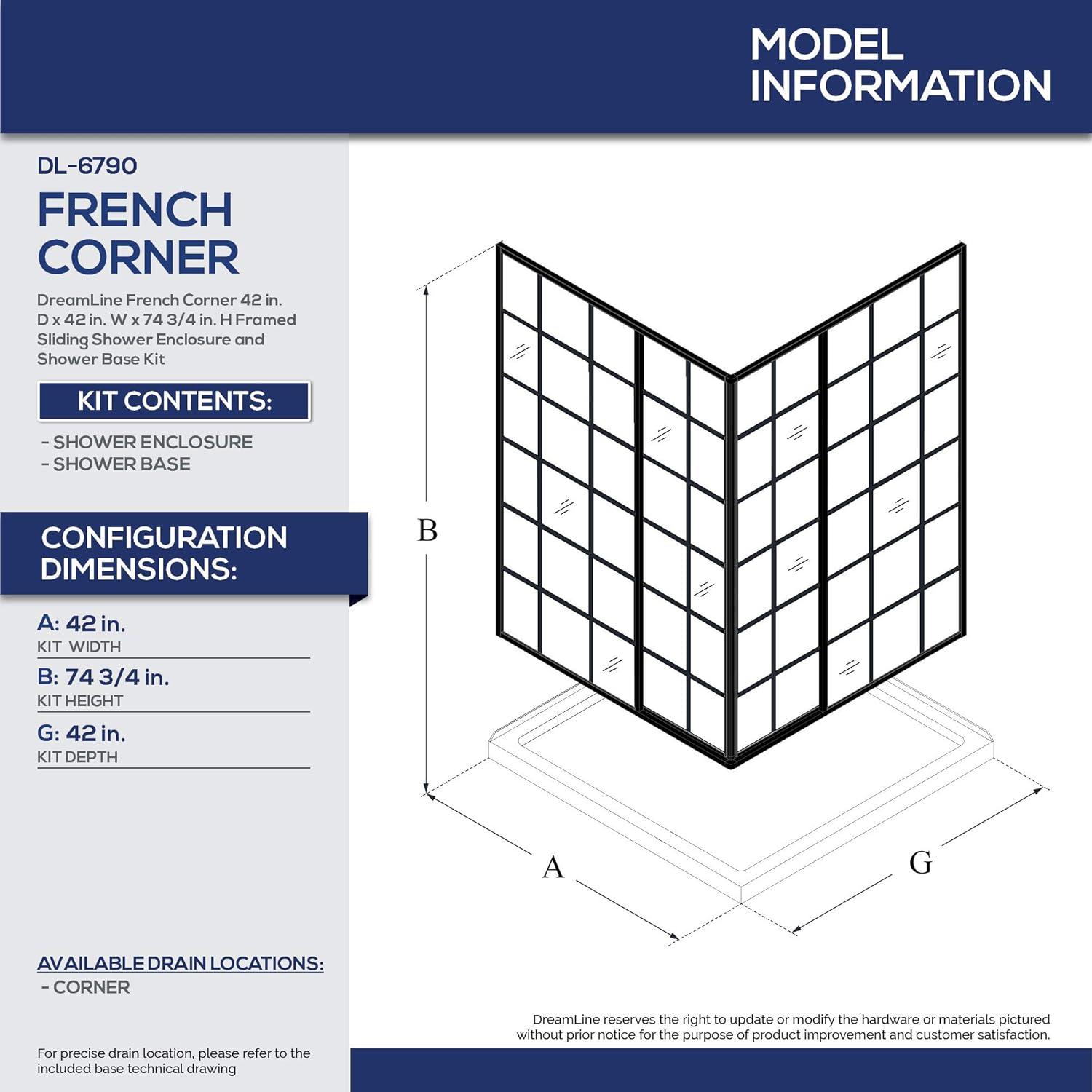 French Corner 42" x 74.75" Square Sliding Shower Enclosure with Base Included