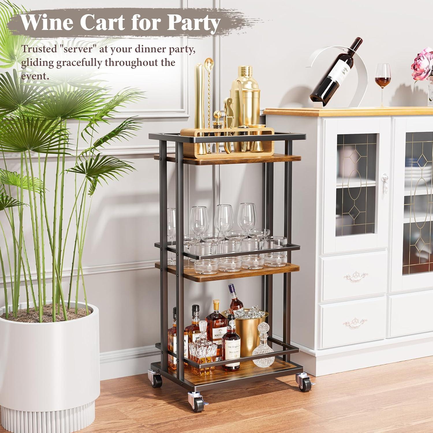 3 Tier Bar Cart for Home, Rolling Mini Liquor Bar Cabinet with Wine Rack and Glass Holder, Home Bar Serving Cart on Wheels for Dinner Party Wine Alcohol Drink, Bar Stand for Living Room Kitchen